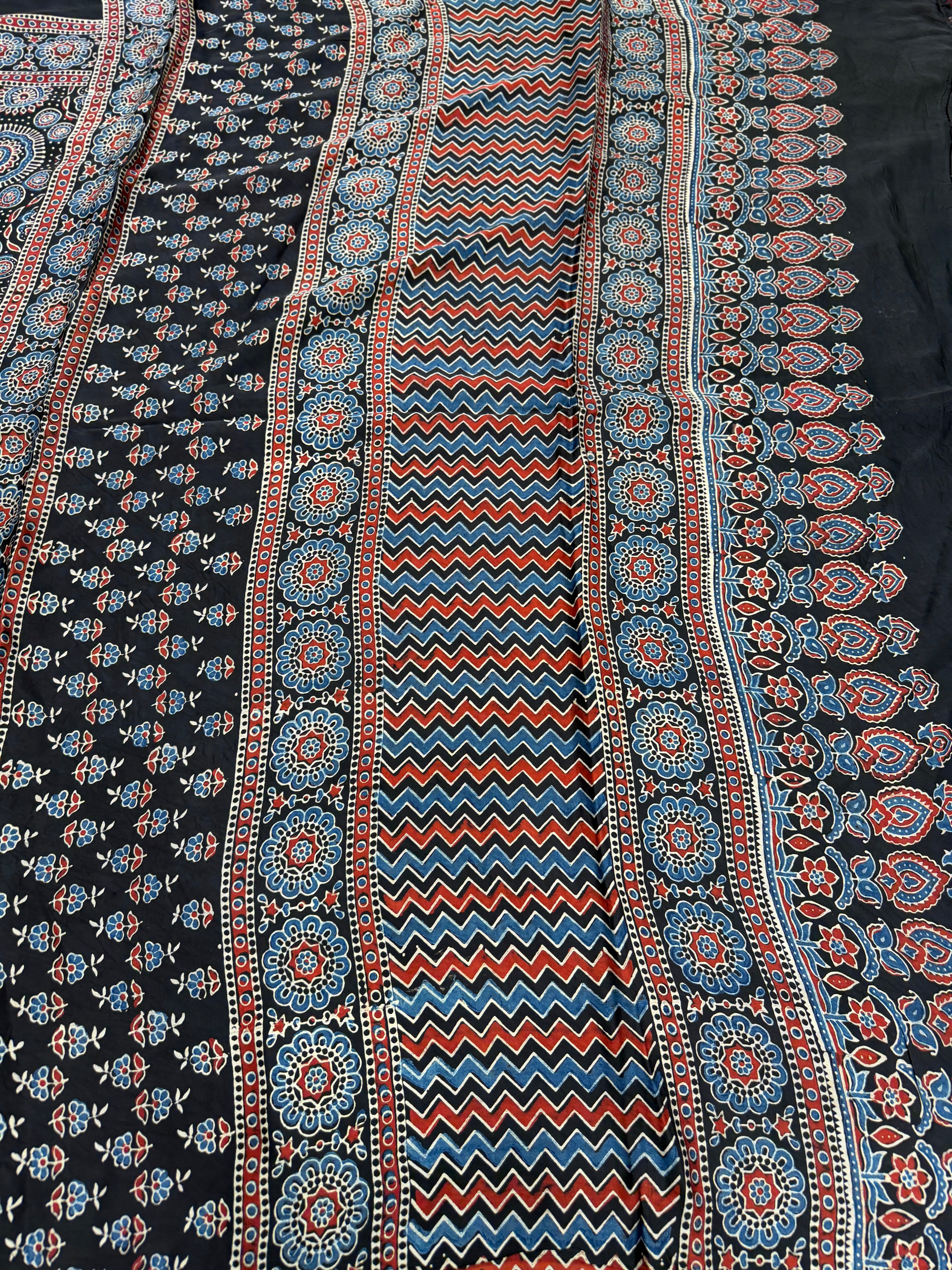 Black Jaal Buttas Ajrakh Hand Block Print Pure Gajji Silk Saree