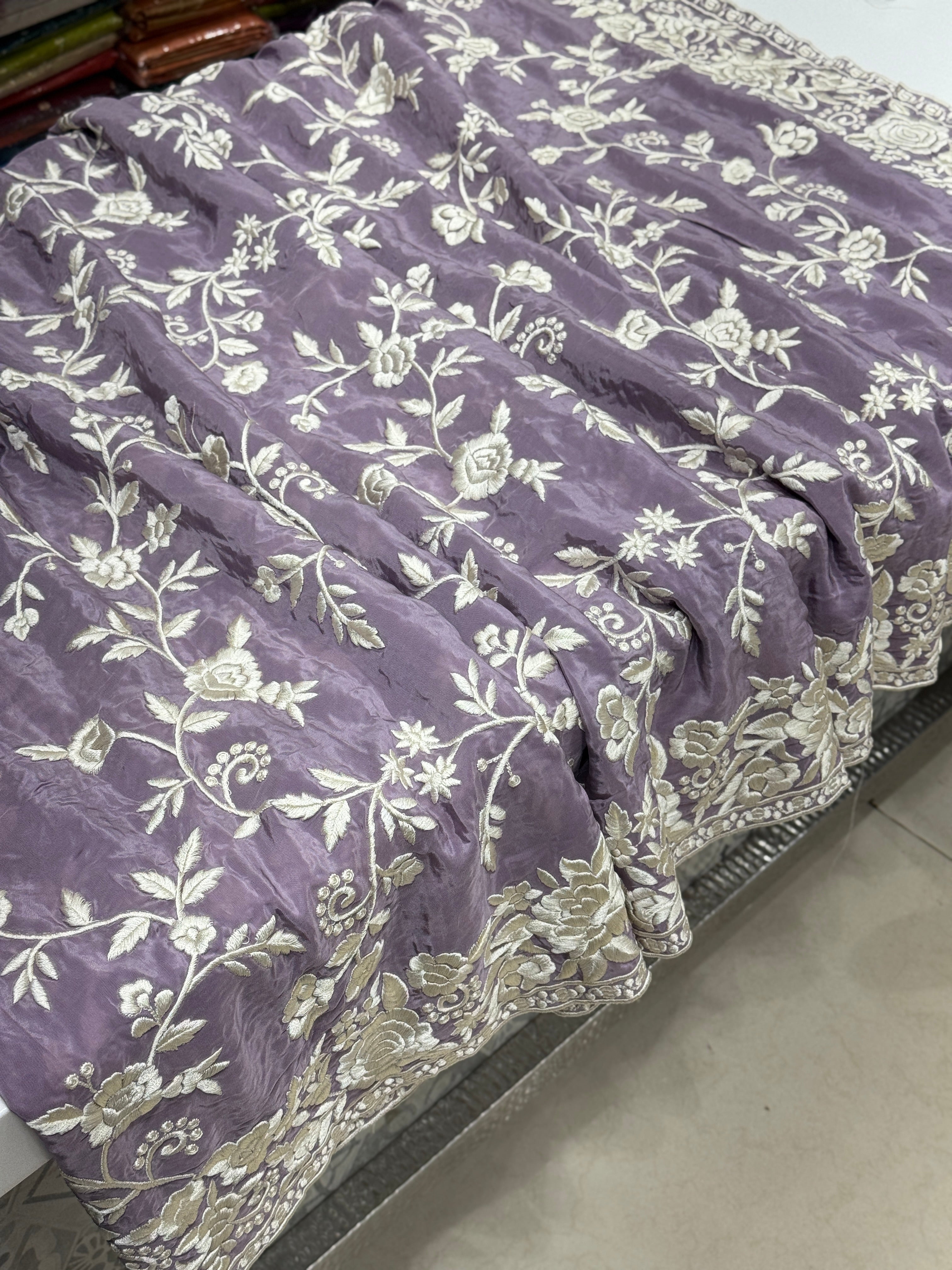 Lilac Crepe Floral Parsi Gara Saree