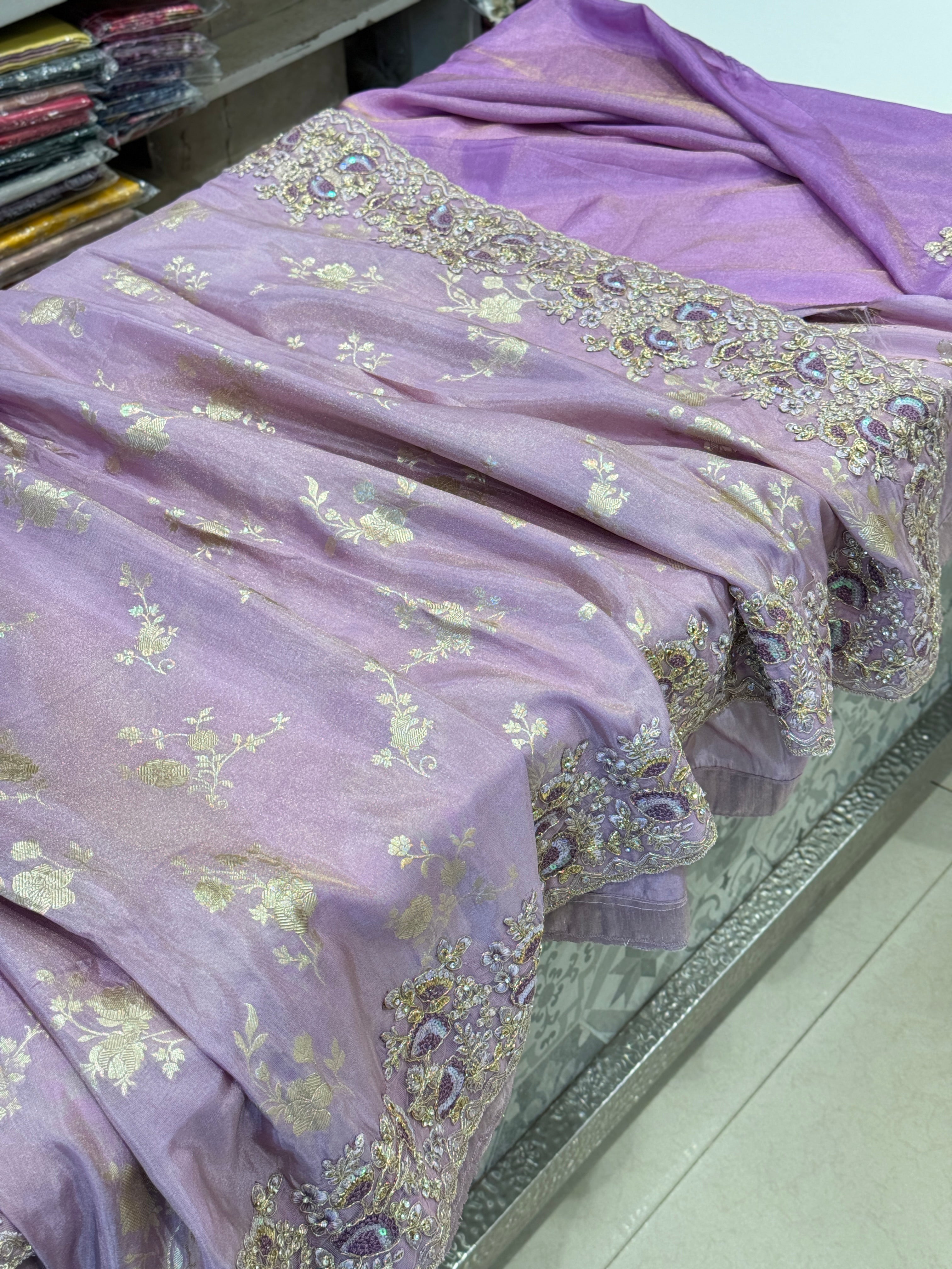 Lilac Tissue Crepe Embroidery Saree
