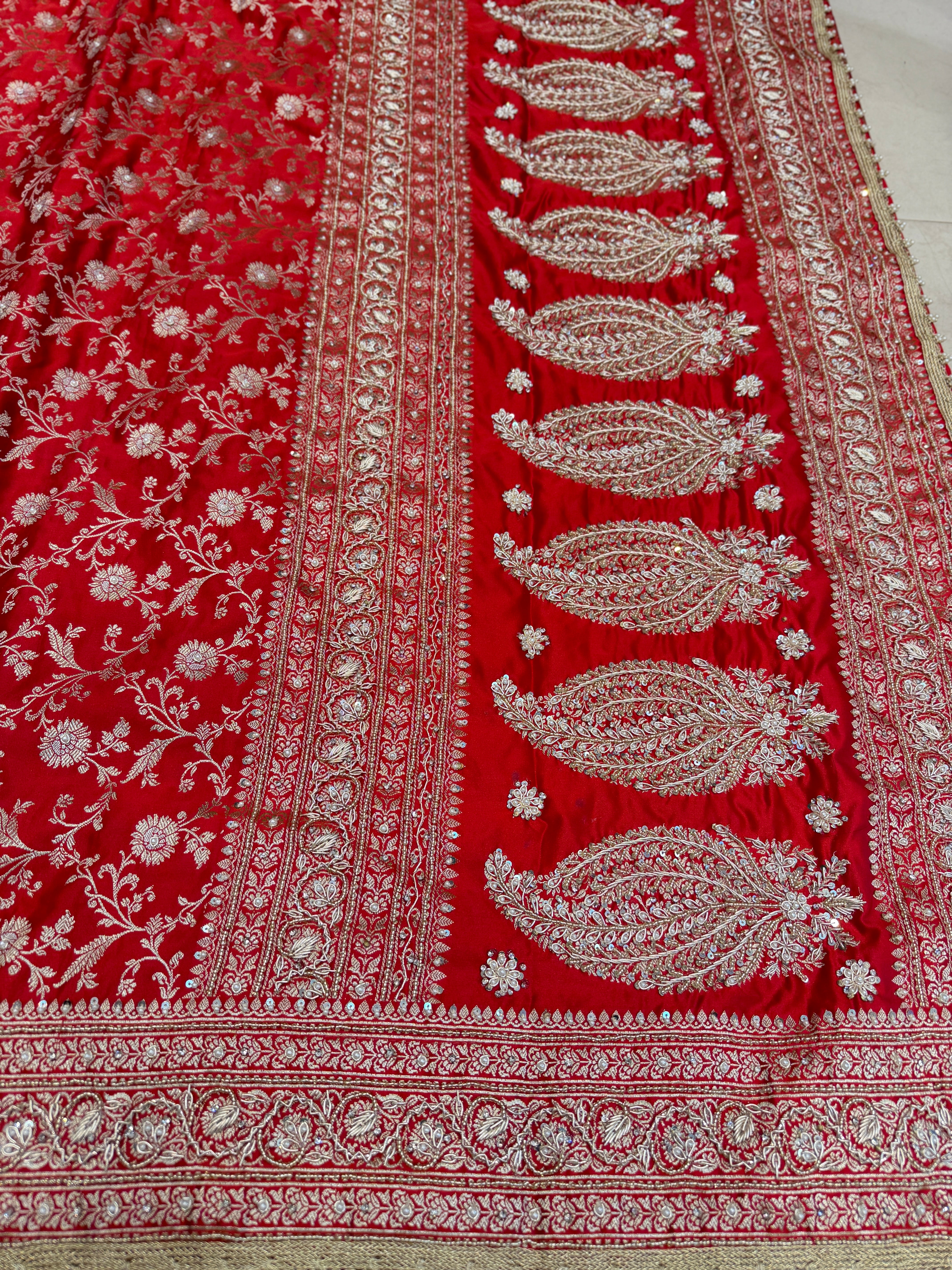 Red Banarasi Sona Roopa Jaal Zardosi Hand Embroidery Saree