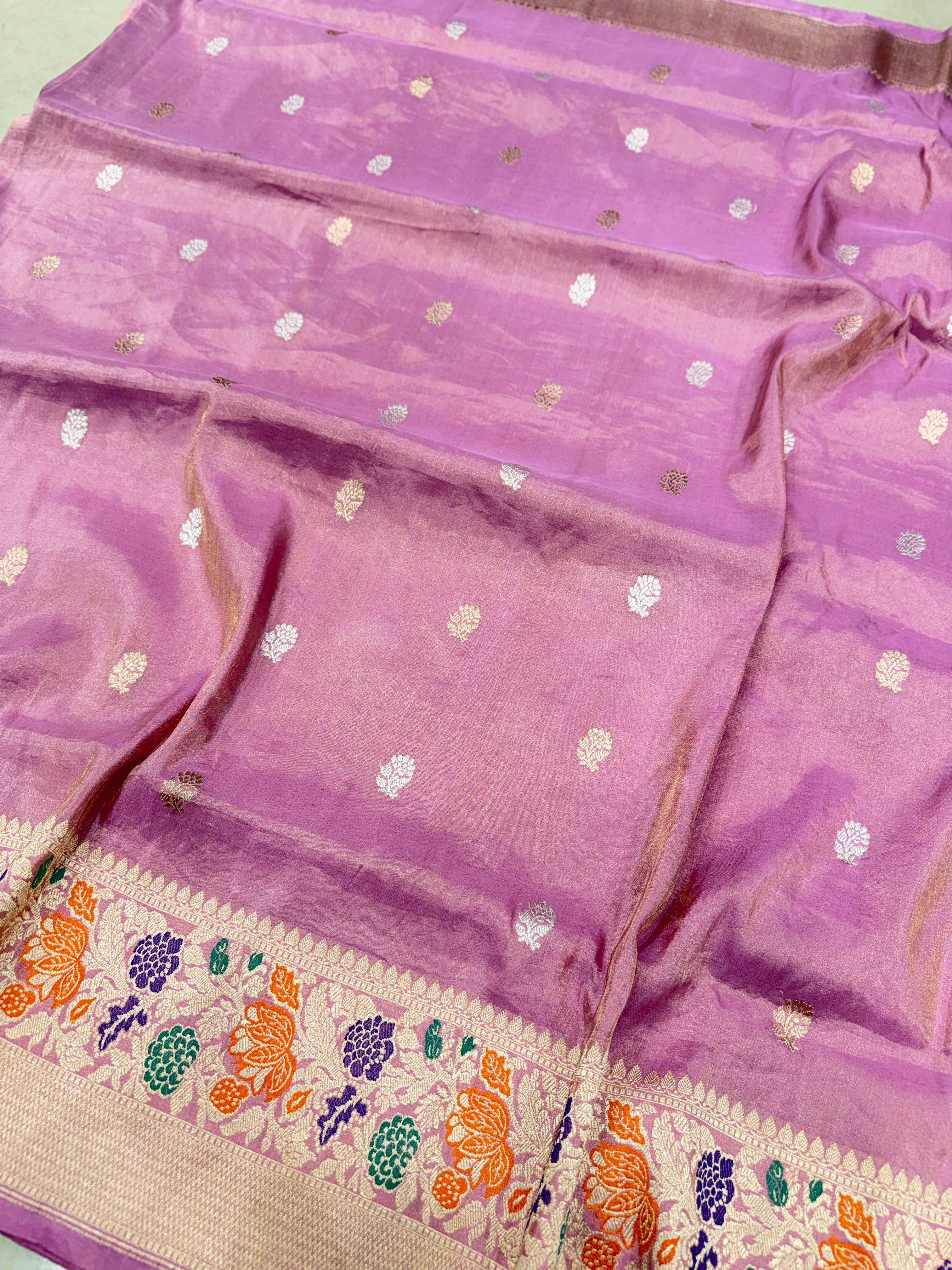 Pink Banarasi Katan Silk Tissue Handloom Kadwa Weave Saree