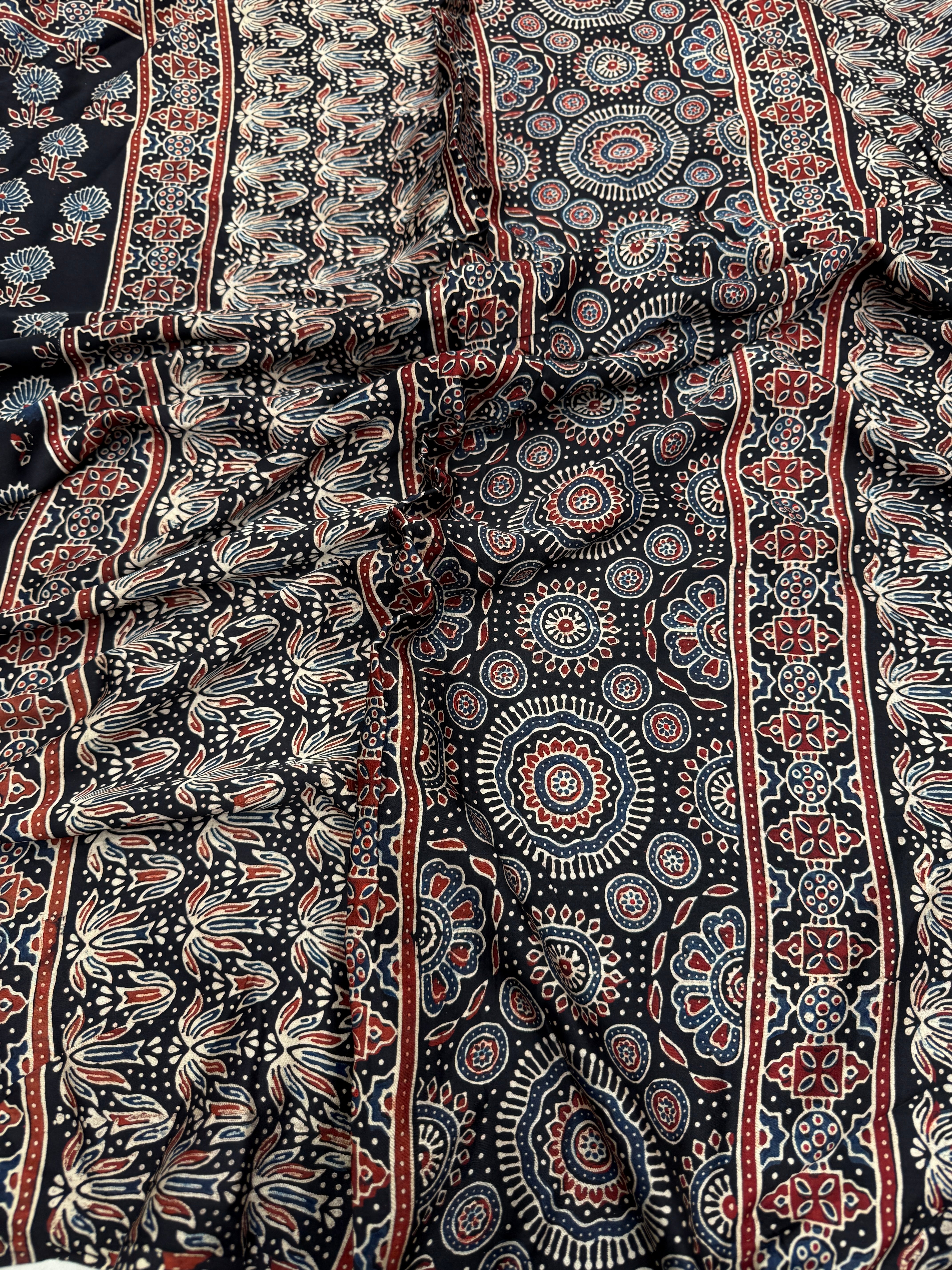 Black Contemporary Buttis Ajrakh Block Print Hand Pure Gajji Silk Saree
