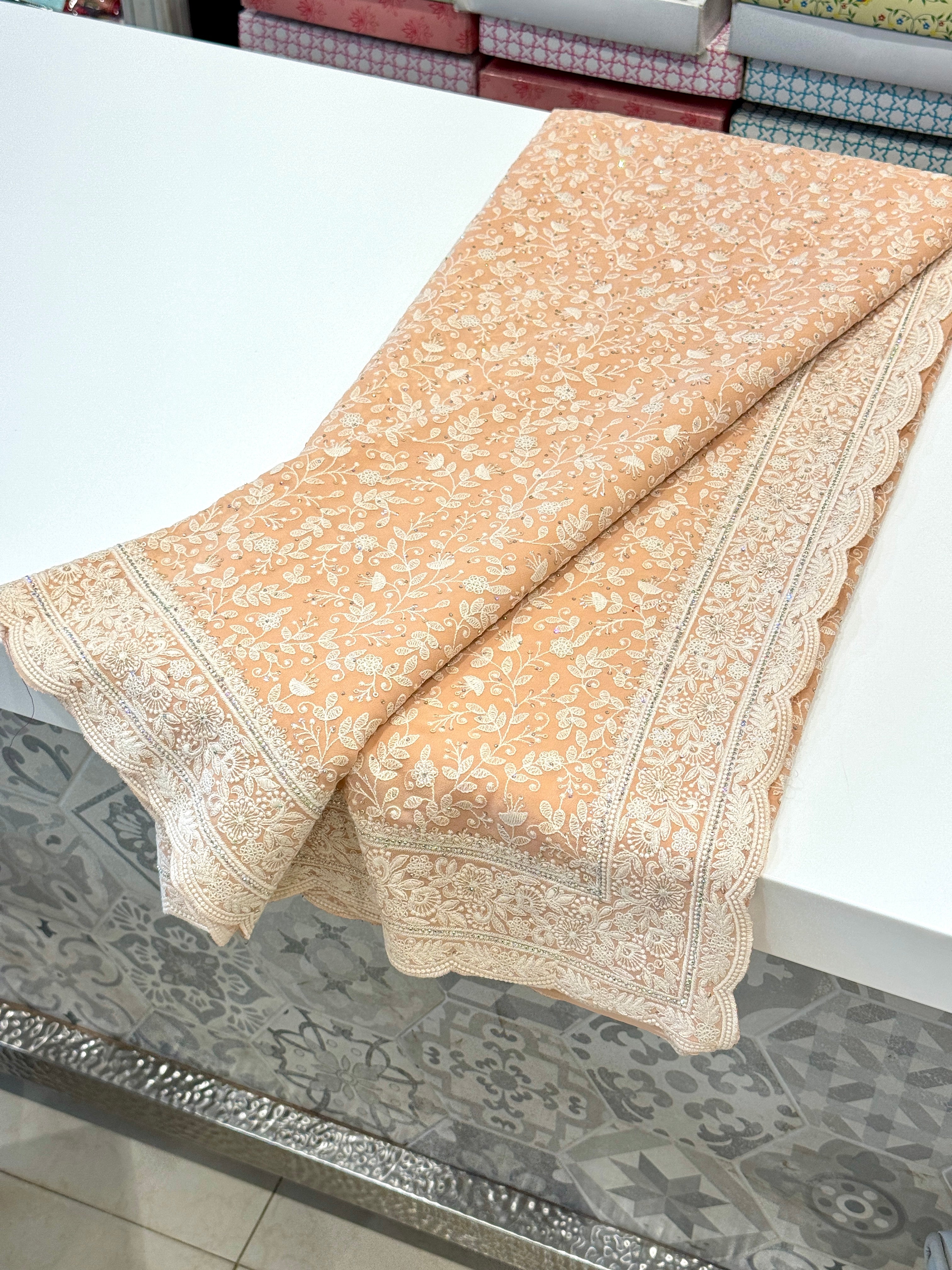 Peach Chikankari Scallop Design Saree