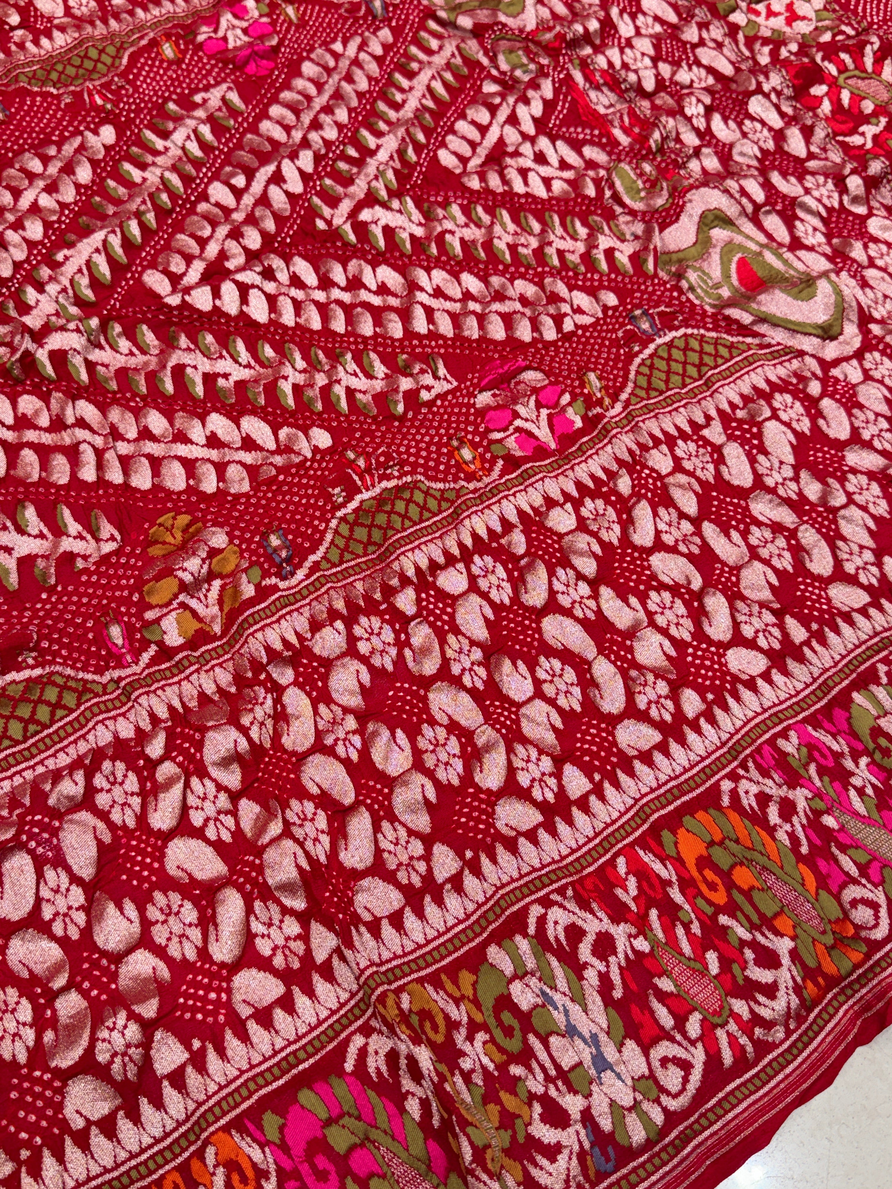 Red Pashmina Style Handloom Meenakari Rai Bandhej Pure Zari Dupatta