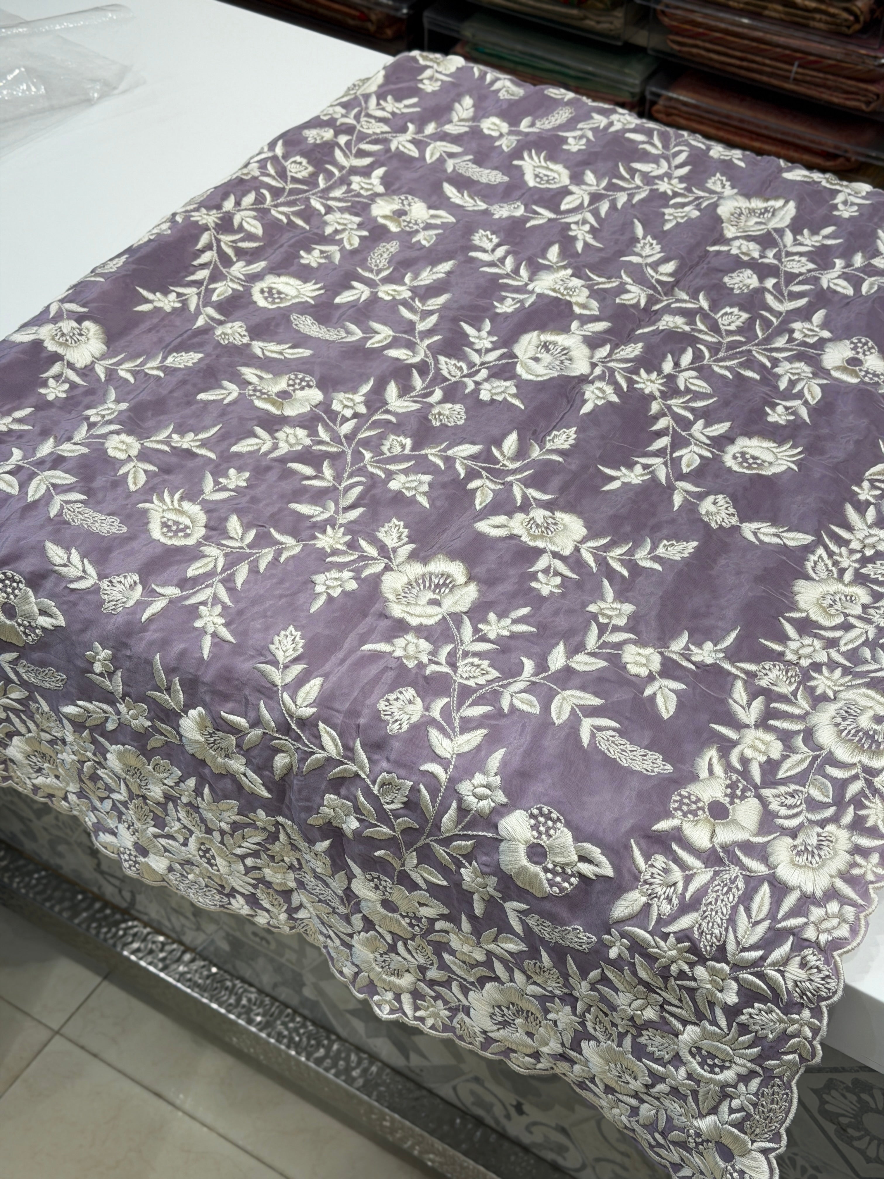Lilac Crepe Floral Jaal Flamingo Resham Embroidery Saree
