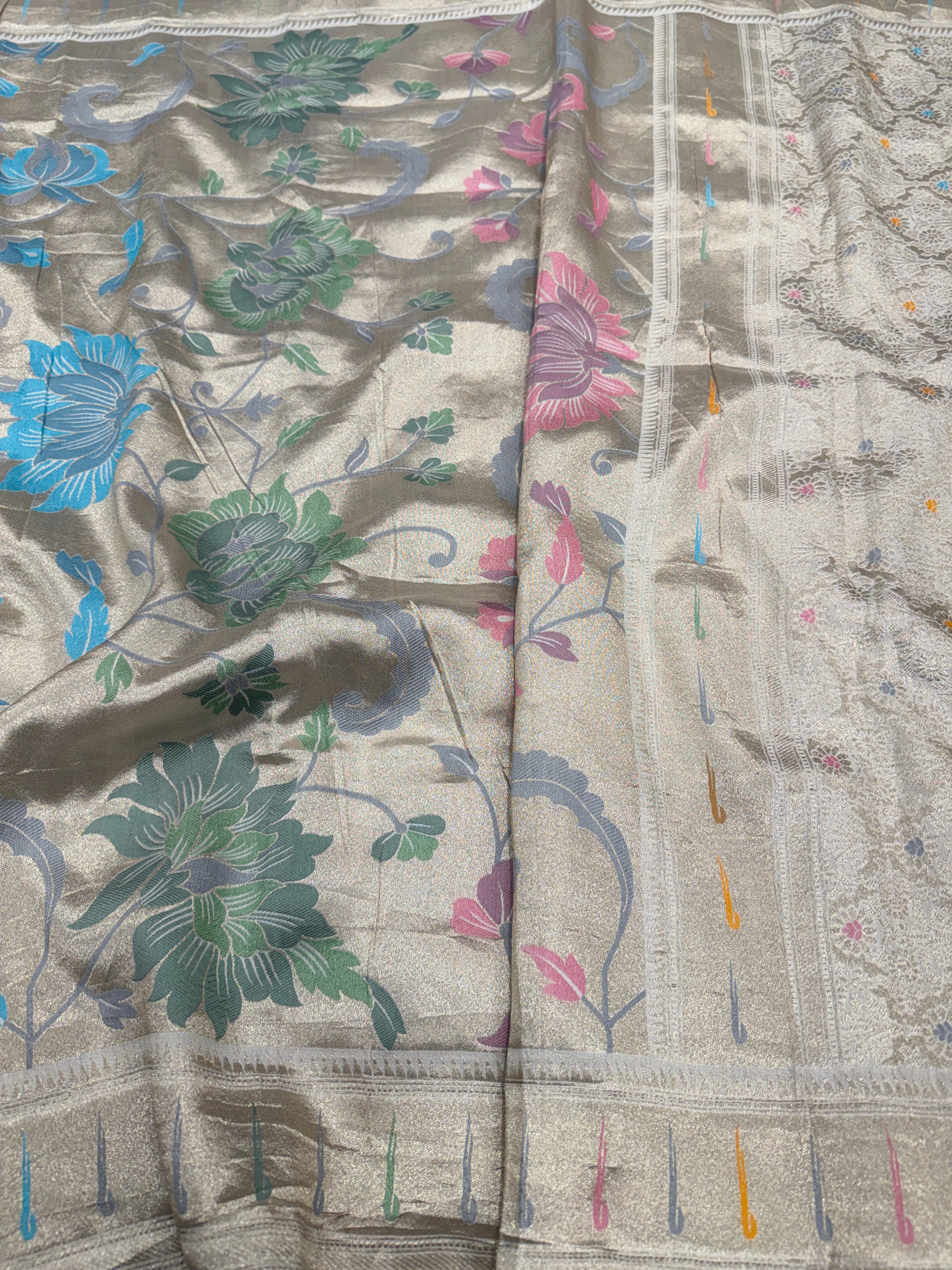 Silver Meenakari Muniya Tissue Munga Banarasi Paithani Saree