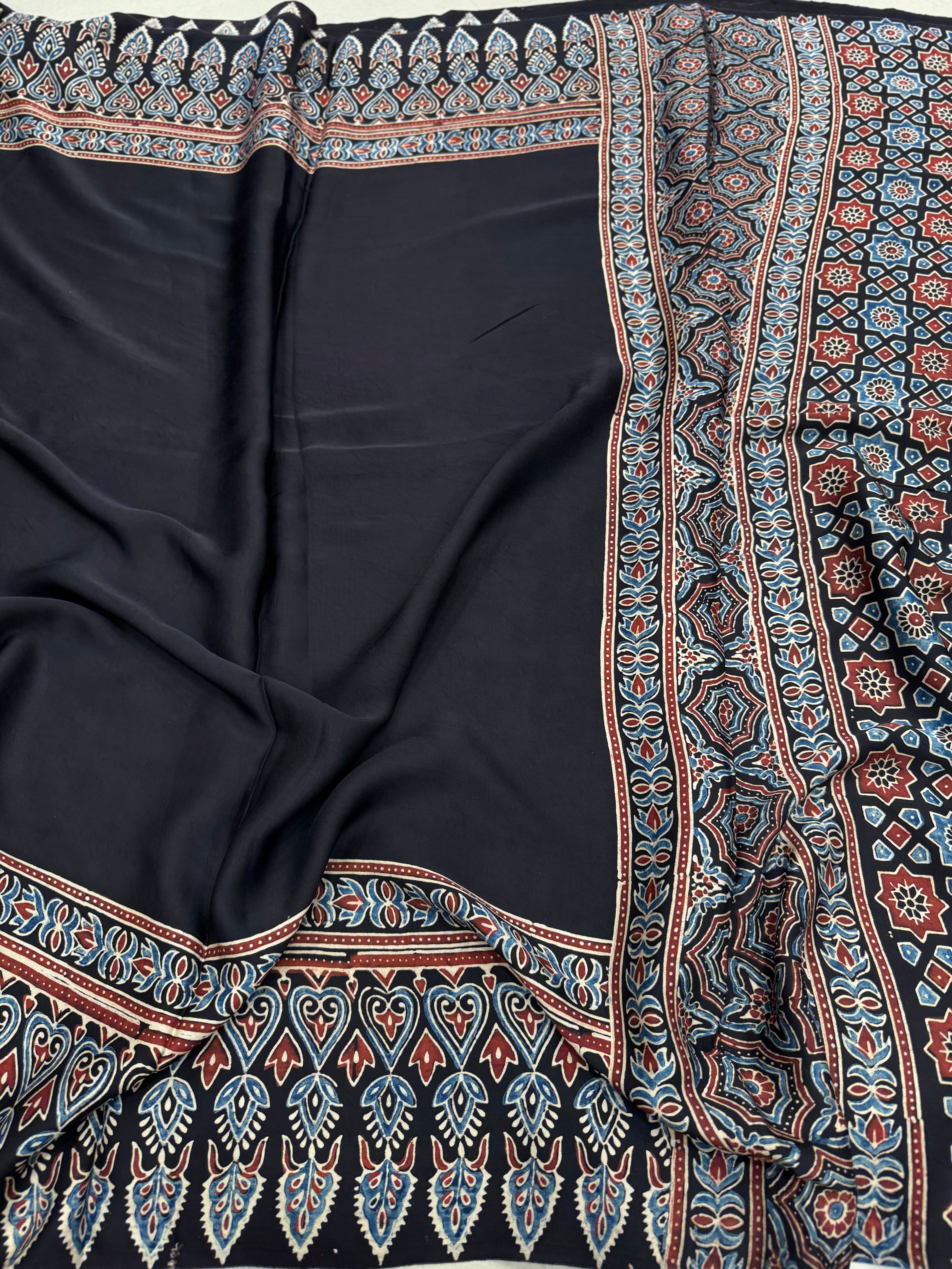 Black Border Contemporary Ajrakh Hand Block Print Pure Gajji Silk Saree