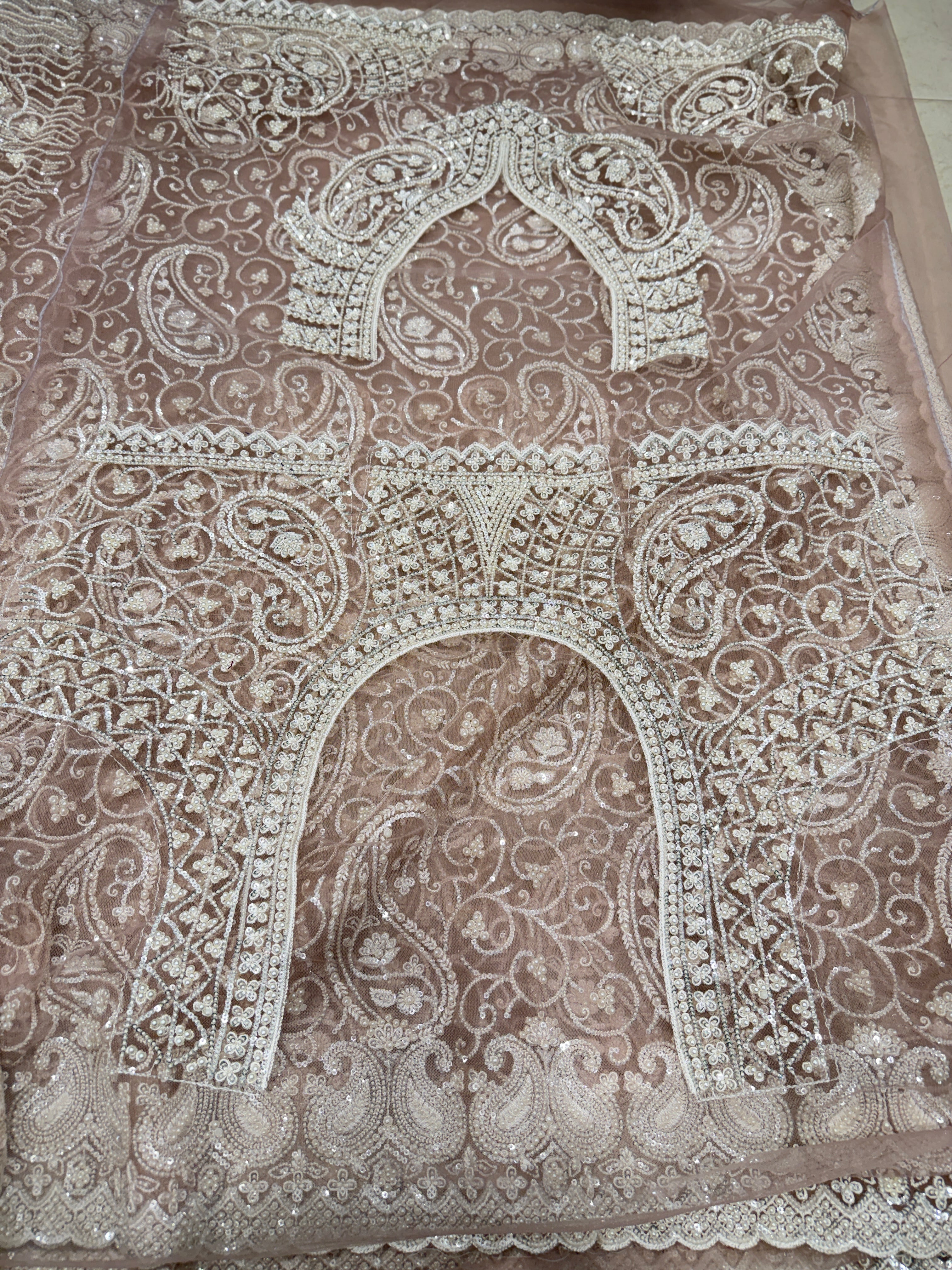 Nude Pink Keri Jaal Net Resham Moti Embroidery Soft Saree