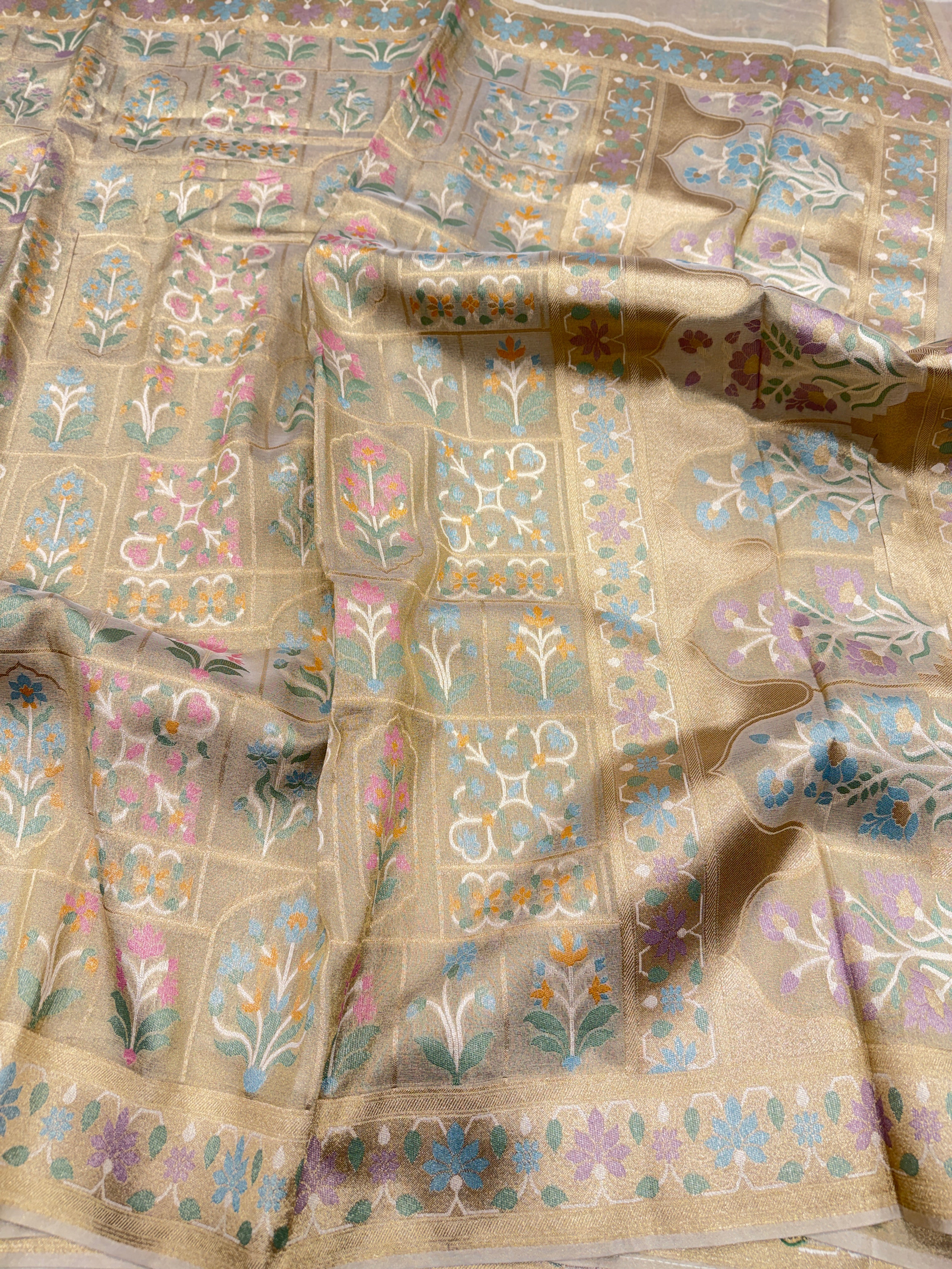 Golden Meenakari Temple Style Weaved Banarasi Tissue Silk Saree