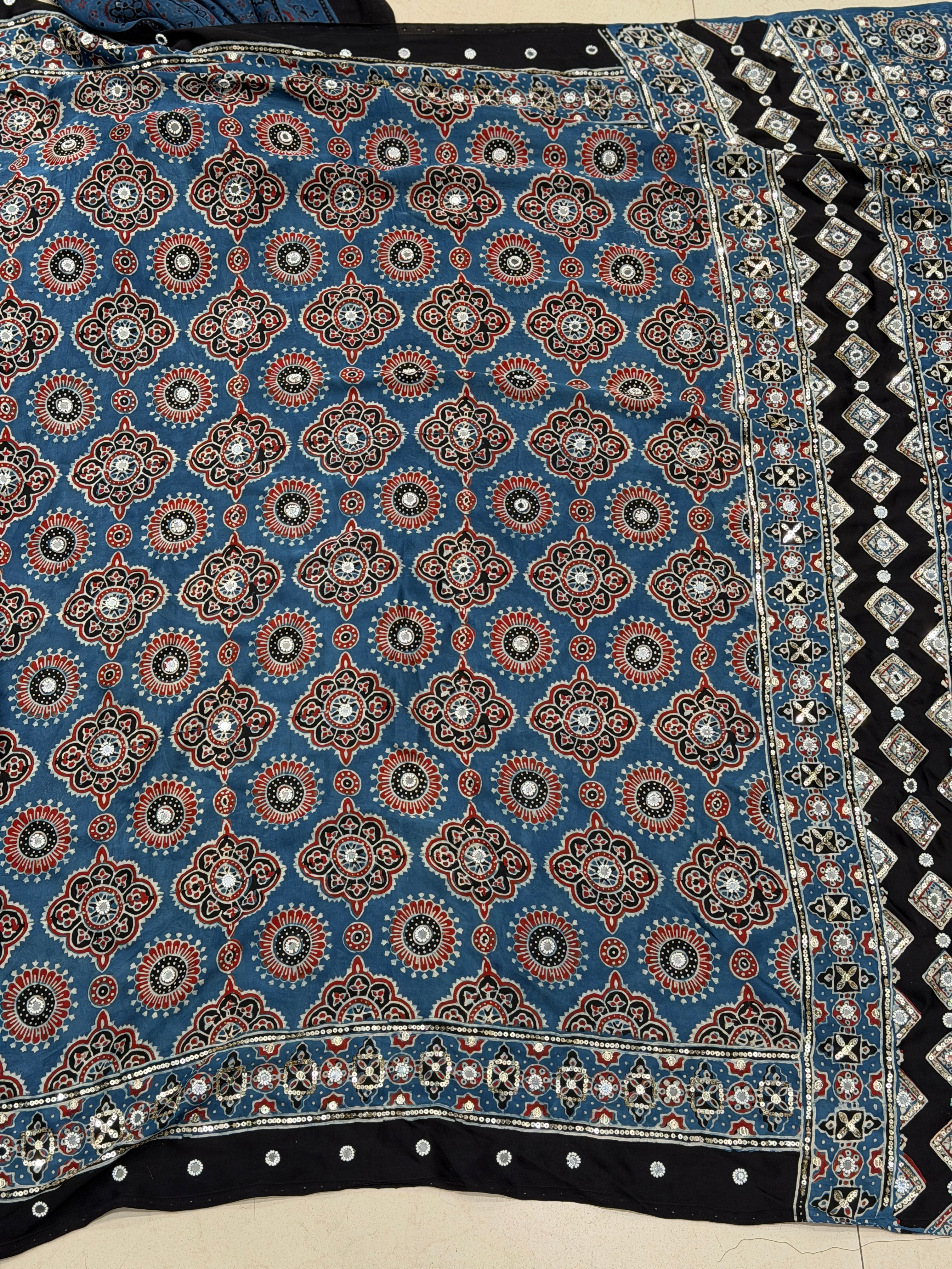 Blue Badam Ajrakh Butta Real Mirror Moti Sequin Hand Embroidery Saree