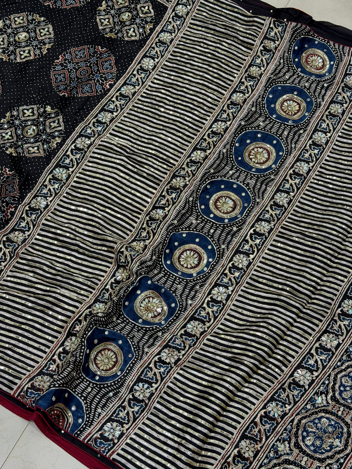 Black Dot Buttas Ajrakh Sequin Moti Hand Embroidery Saree
