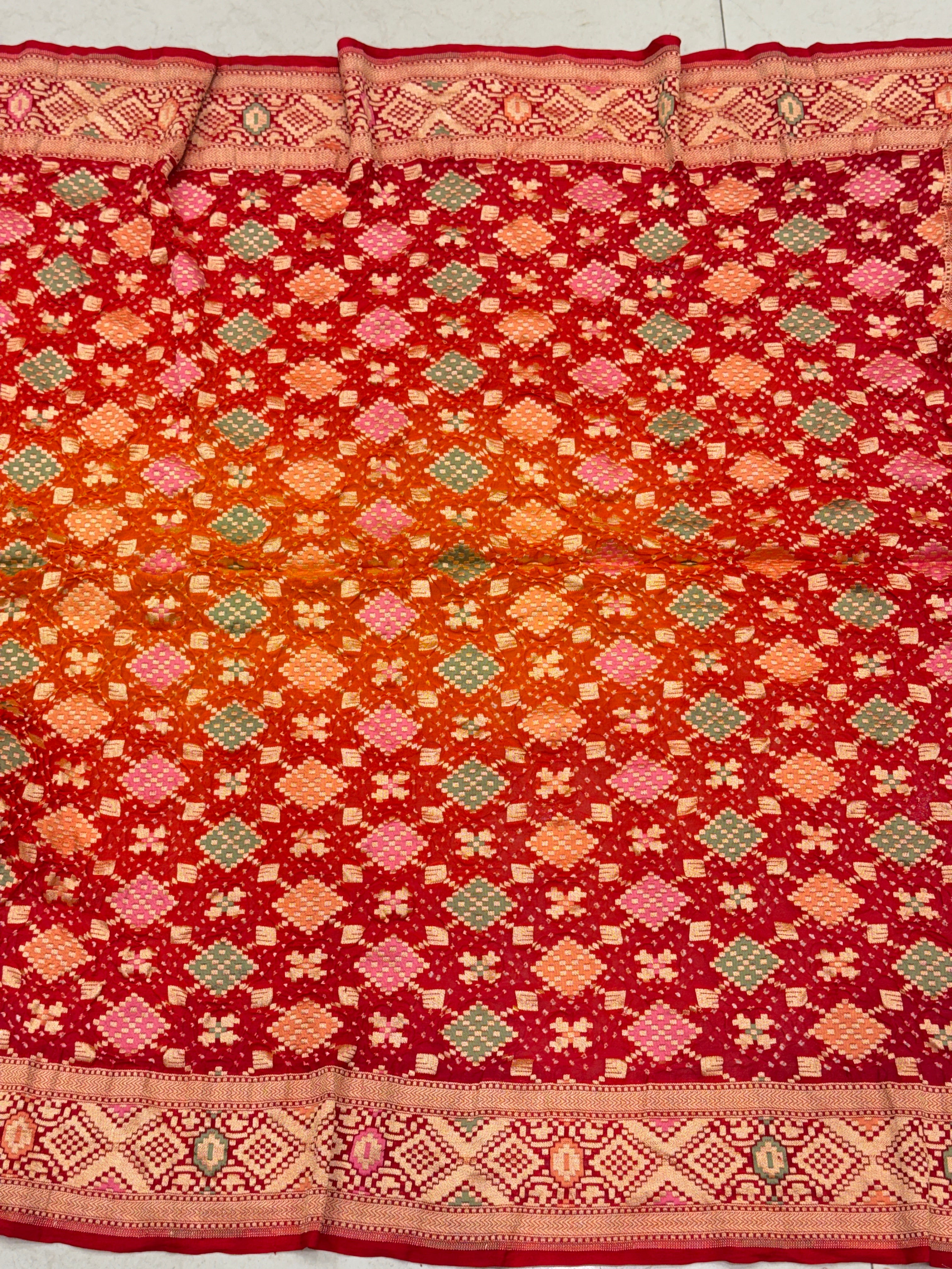 Orange Red Shaded Patola Weave Meenakari Georgette Bandhej Saree