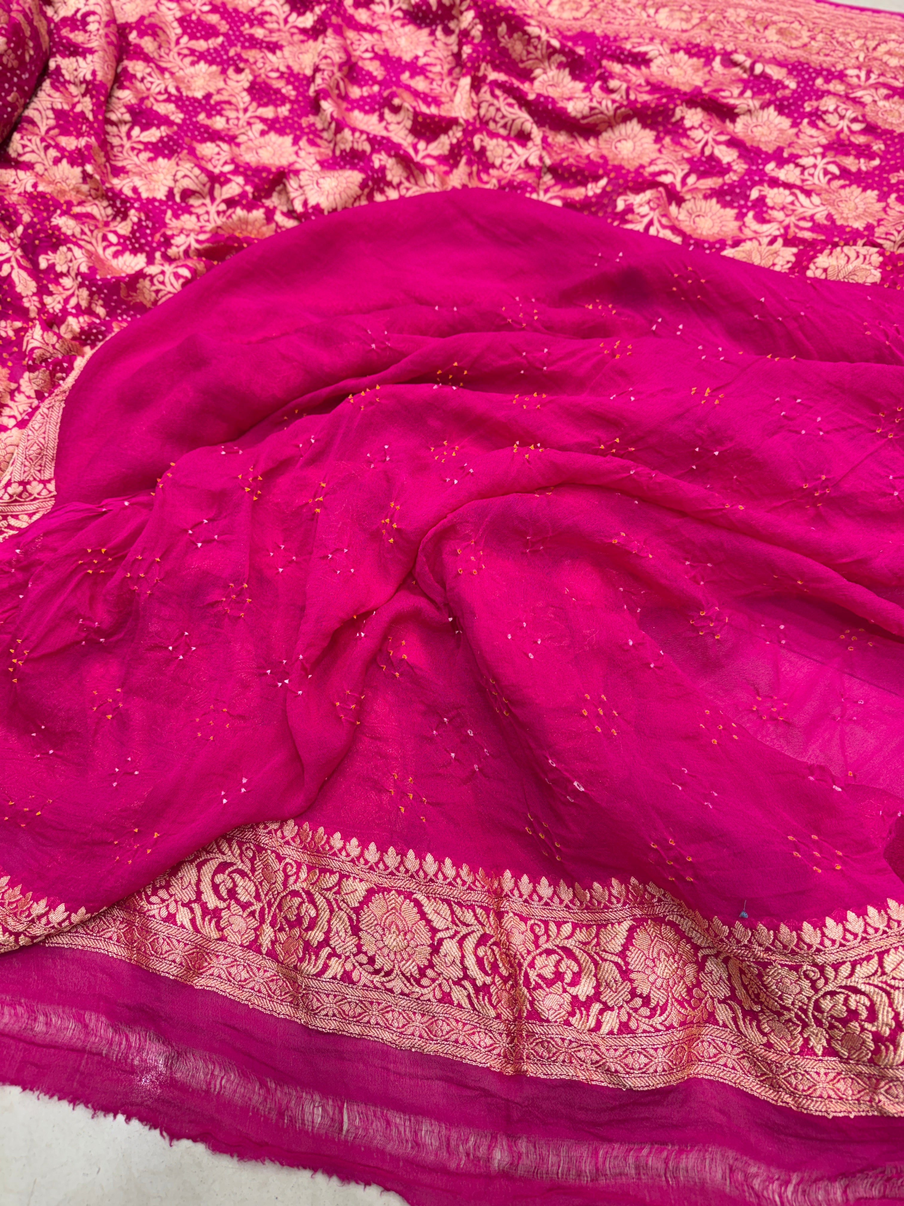 Rani Pink Georgette Handloom Bandhej Bandhini Saree