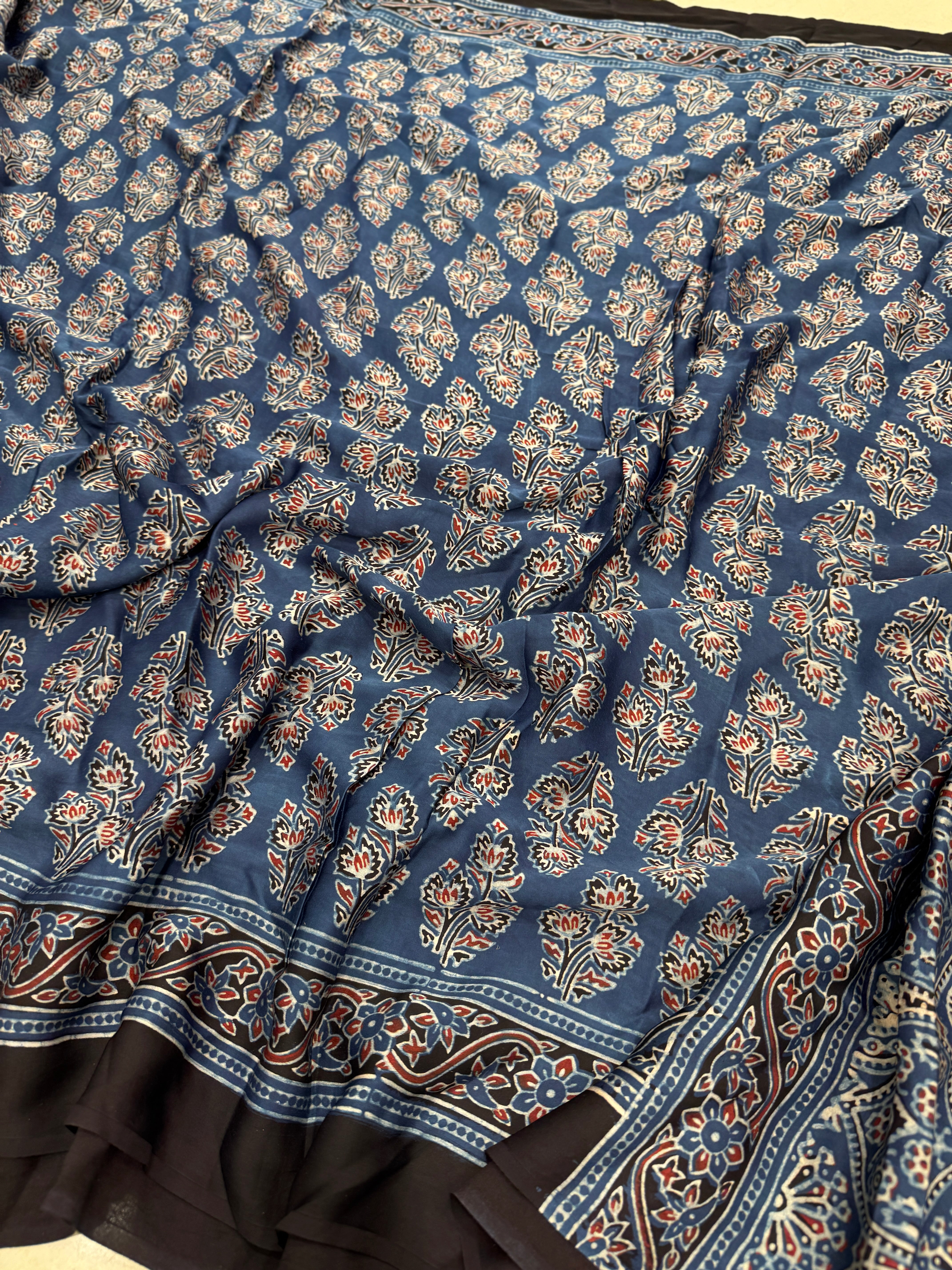 Blue Tree Butta Ajrakh Hand Block Print Pure Gajji Silk Saree