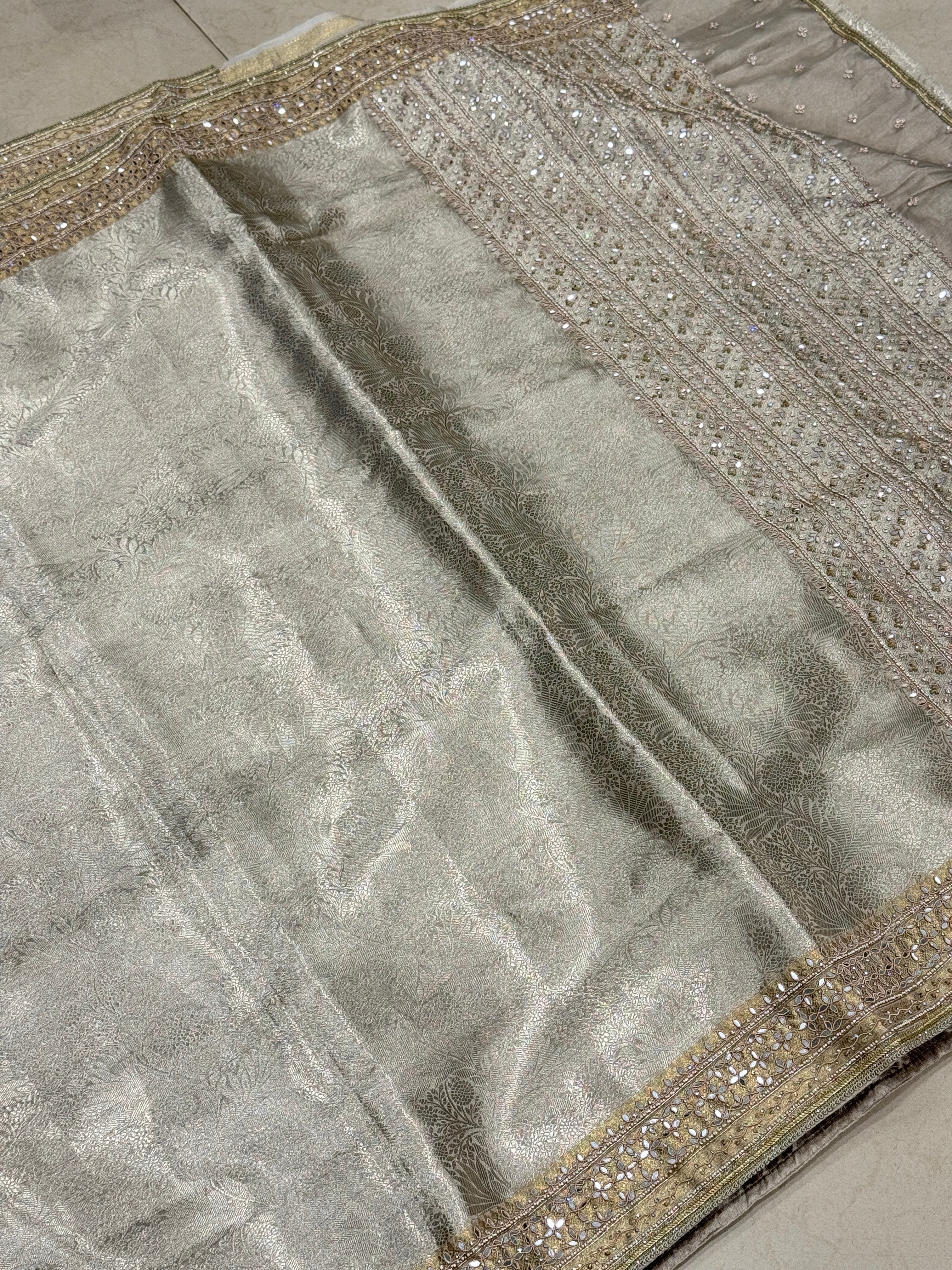 Silver Tissue Kanjivaram Hand Embroidery Saree