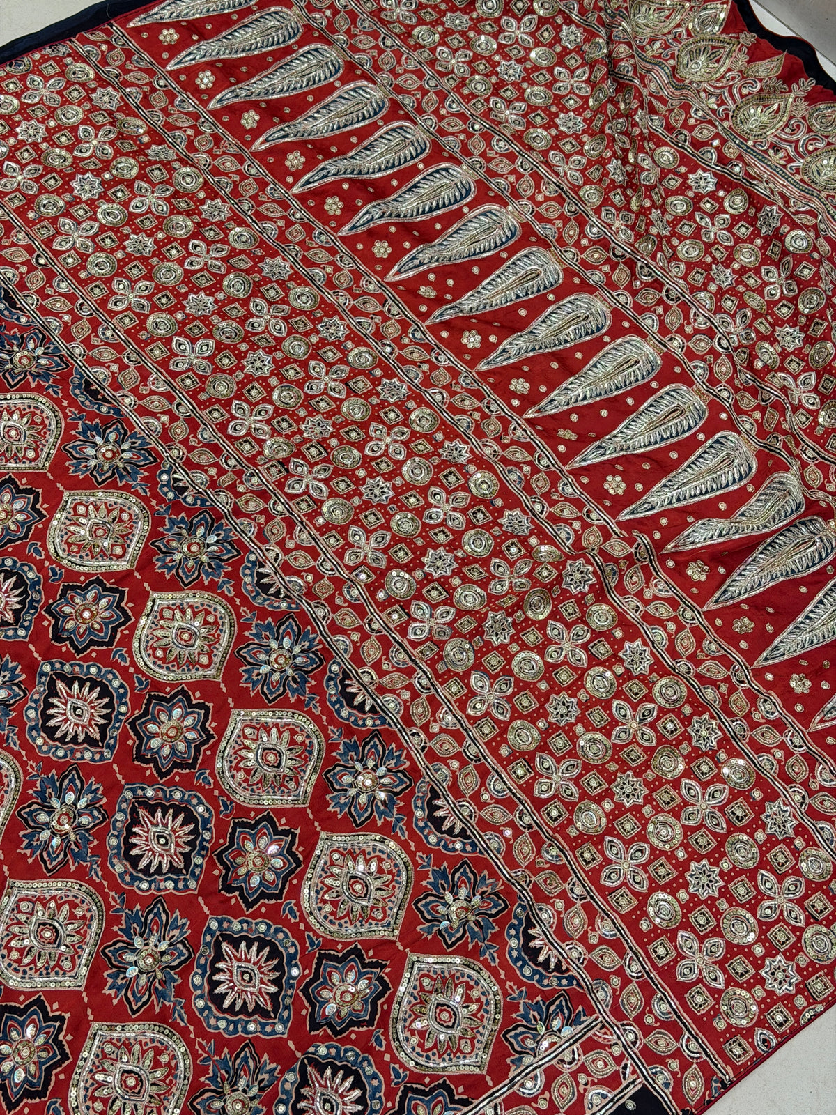 Red Blue Half Half Badam Jaal Pita Zardosi Sequin Ajrakh Hand Embroidery Saree