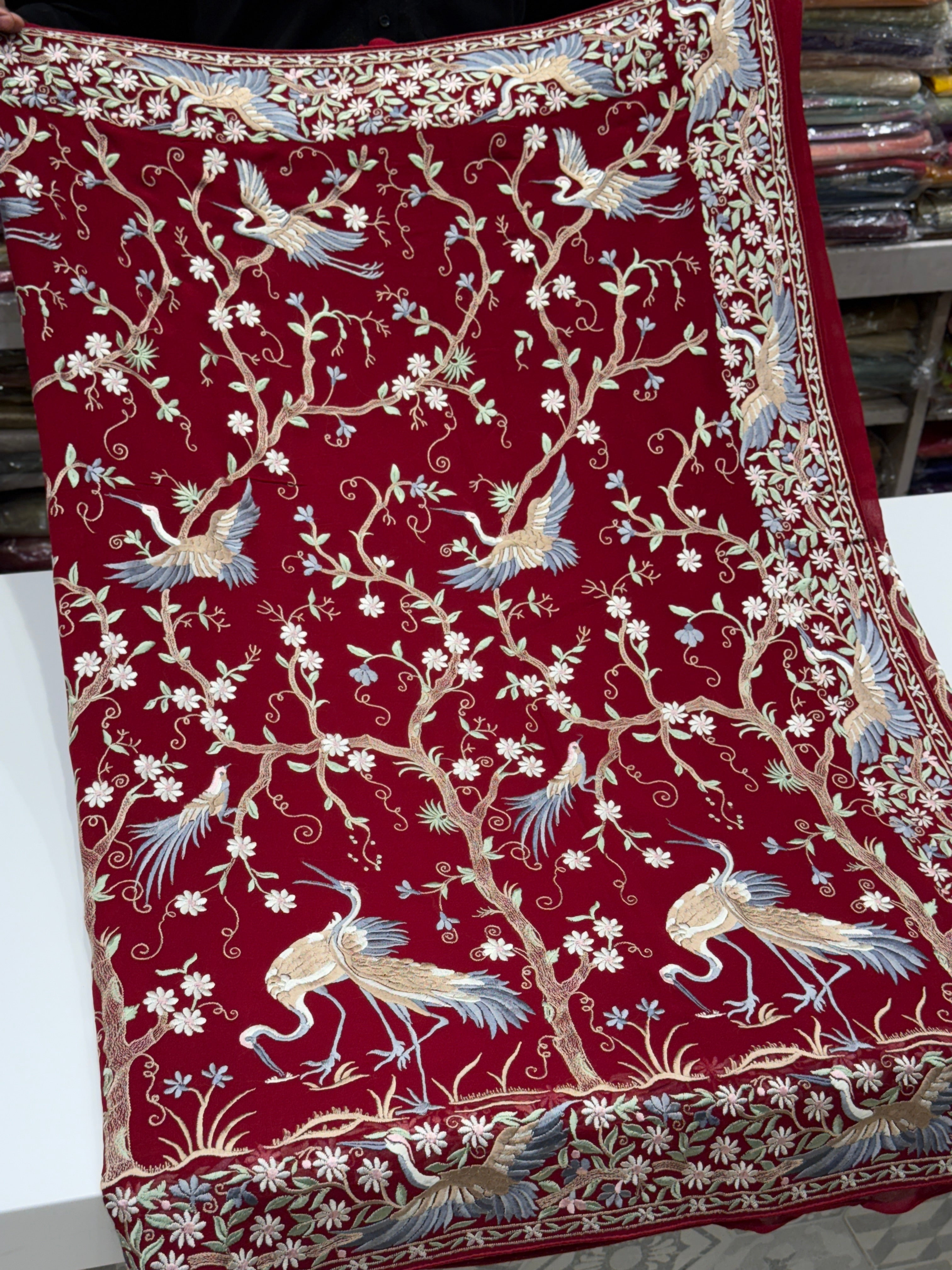 Red Tree Of Life Flamingo Parsi Gara Saree