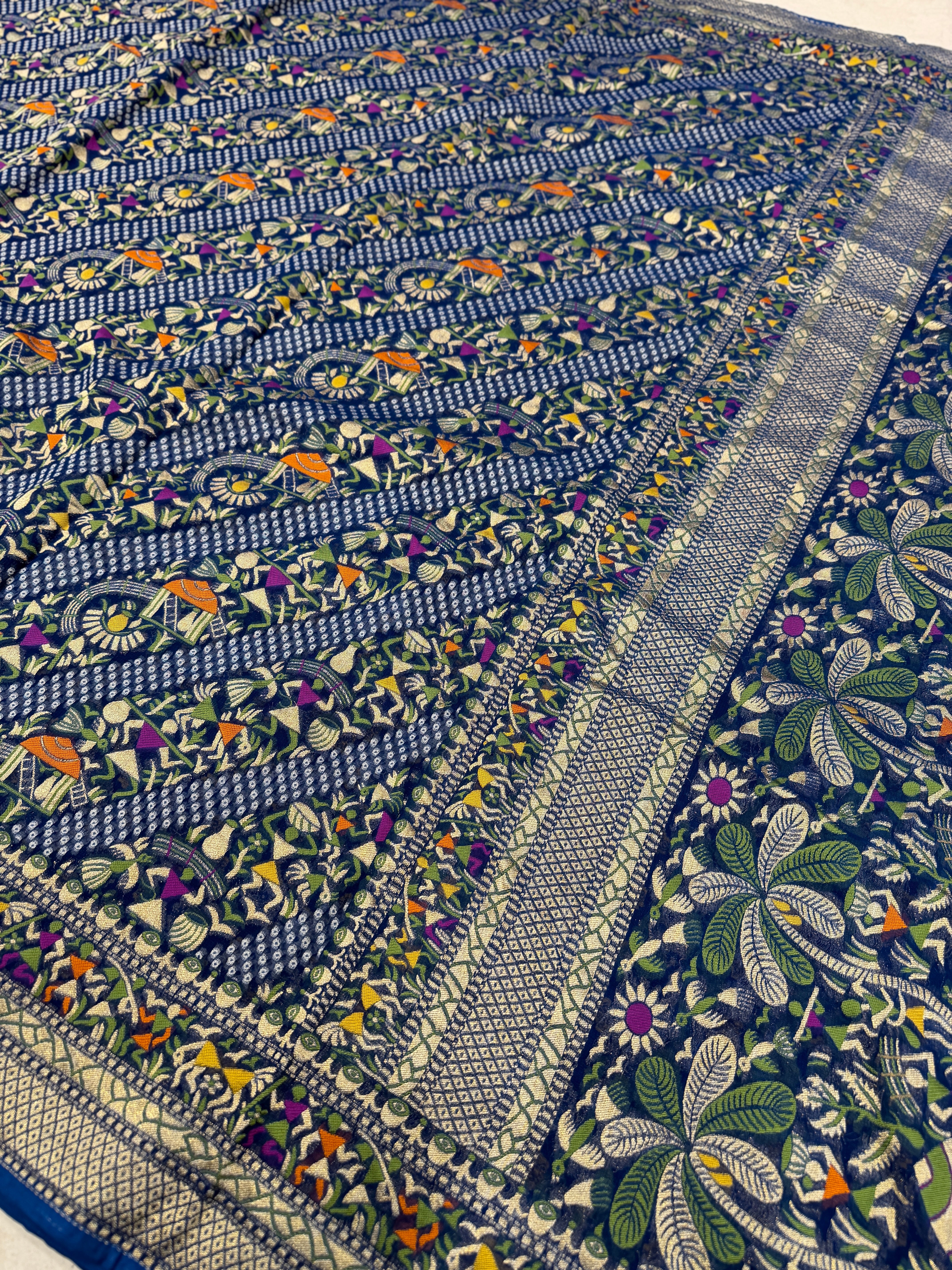 Navy Blue Warli Style Woven Bandhej Georgette Saree
