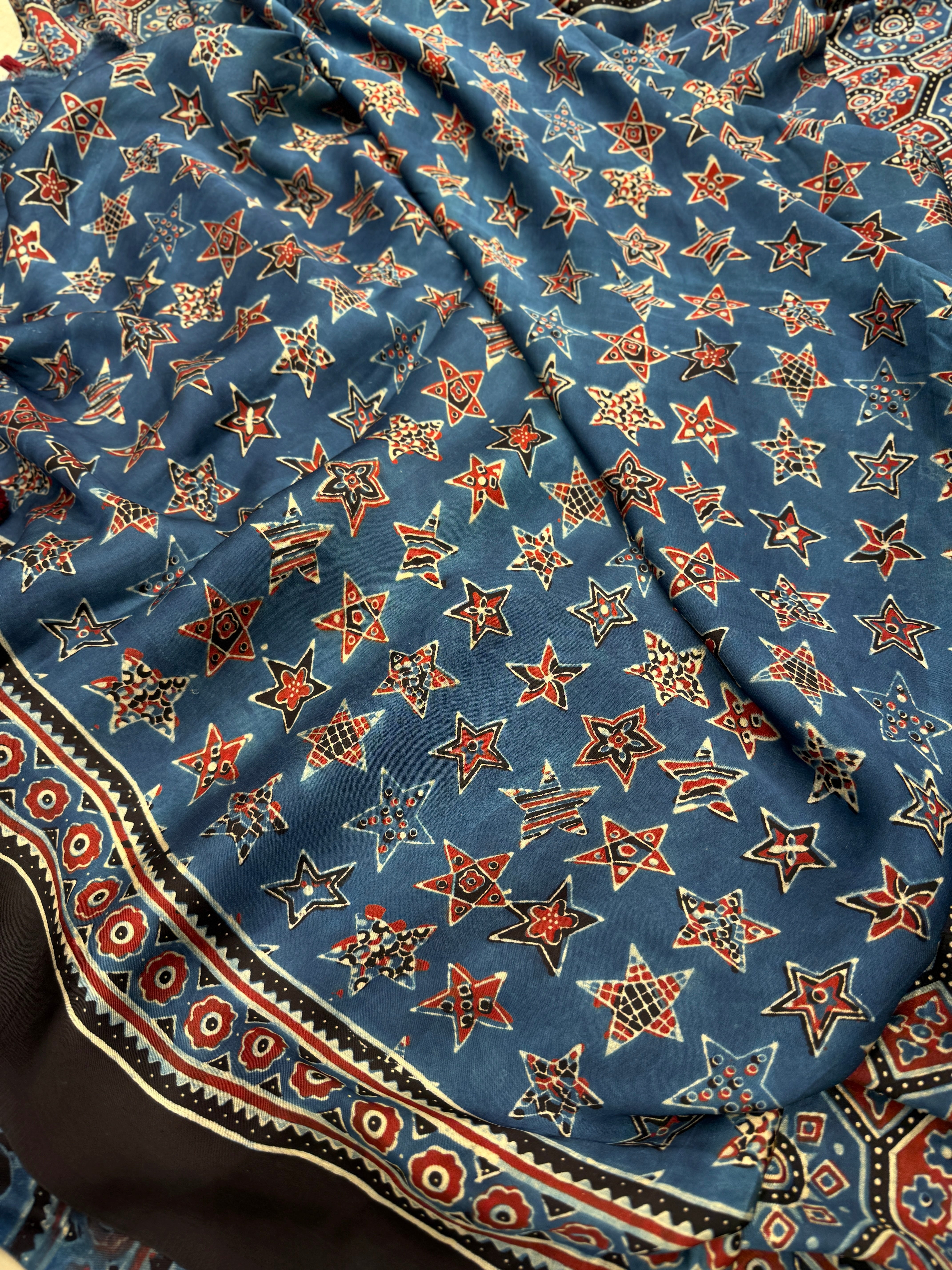 Blue Checkered Jewelled Jaal Ajrakh Saree