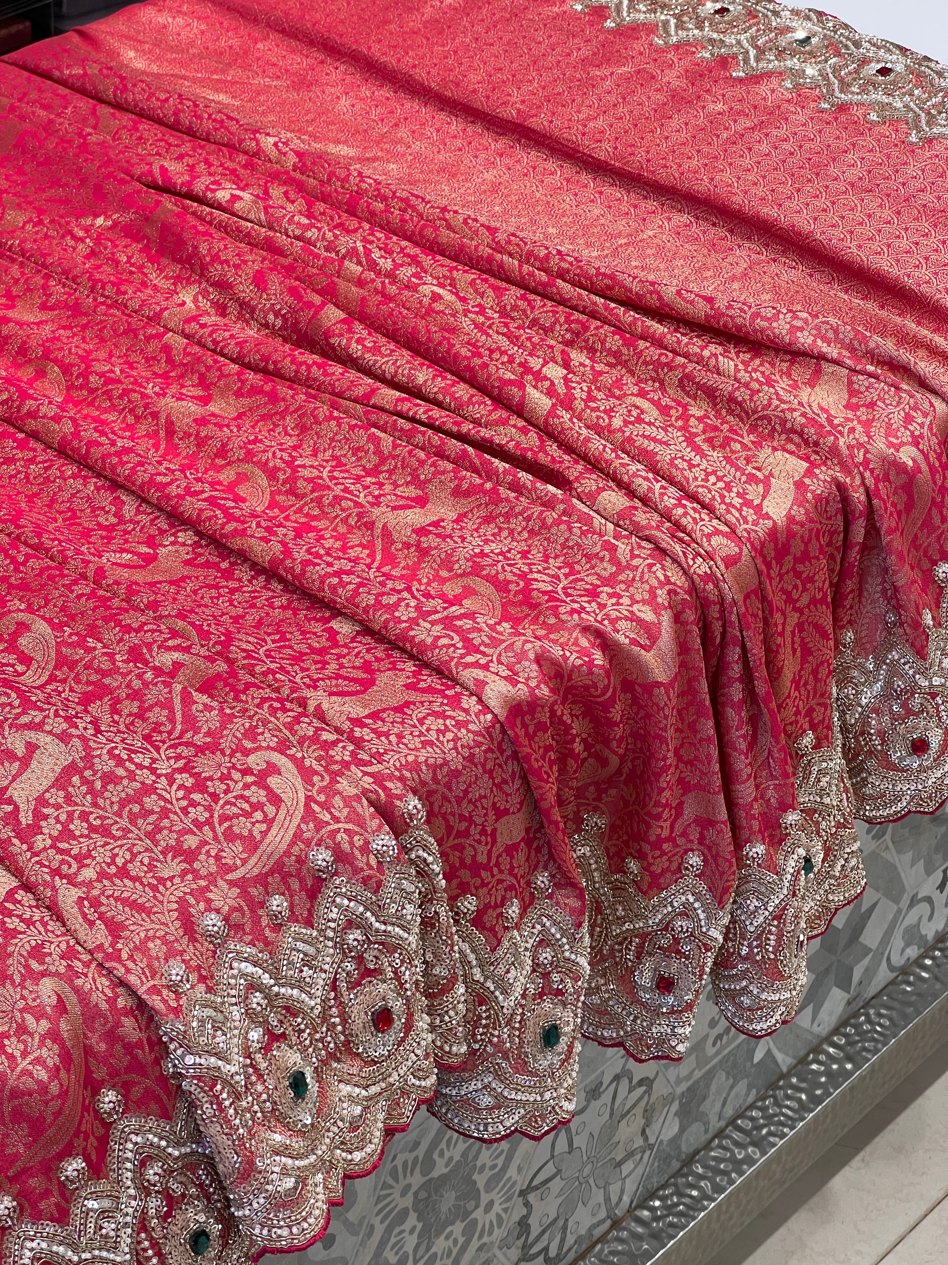 Reddish Rani Tissue Crepe Shikara Style Weave Crystal Embroidery Saree