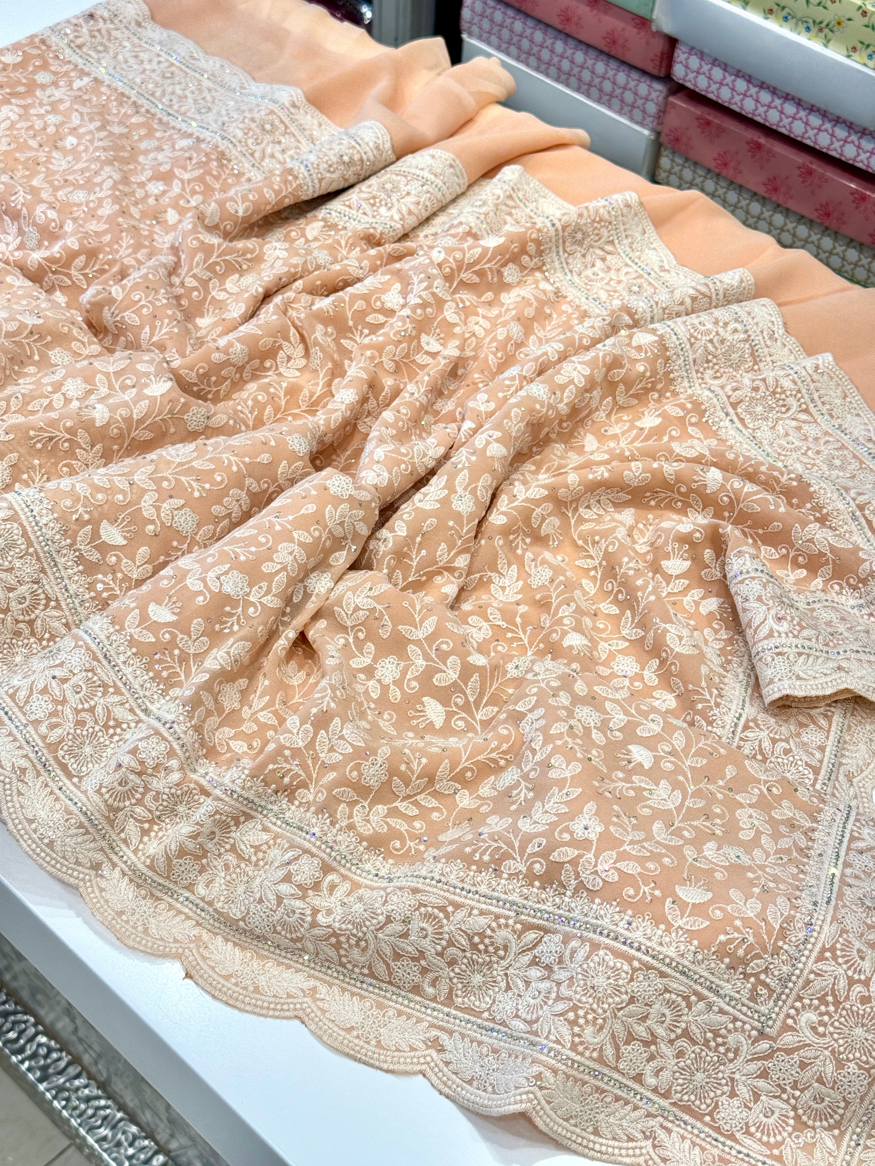 Peach Chikankari Scallop Design Saree