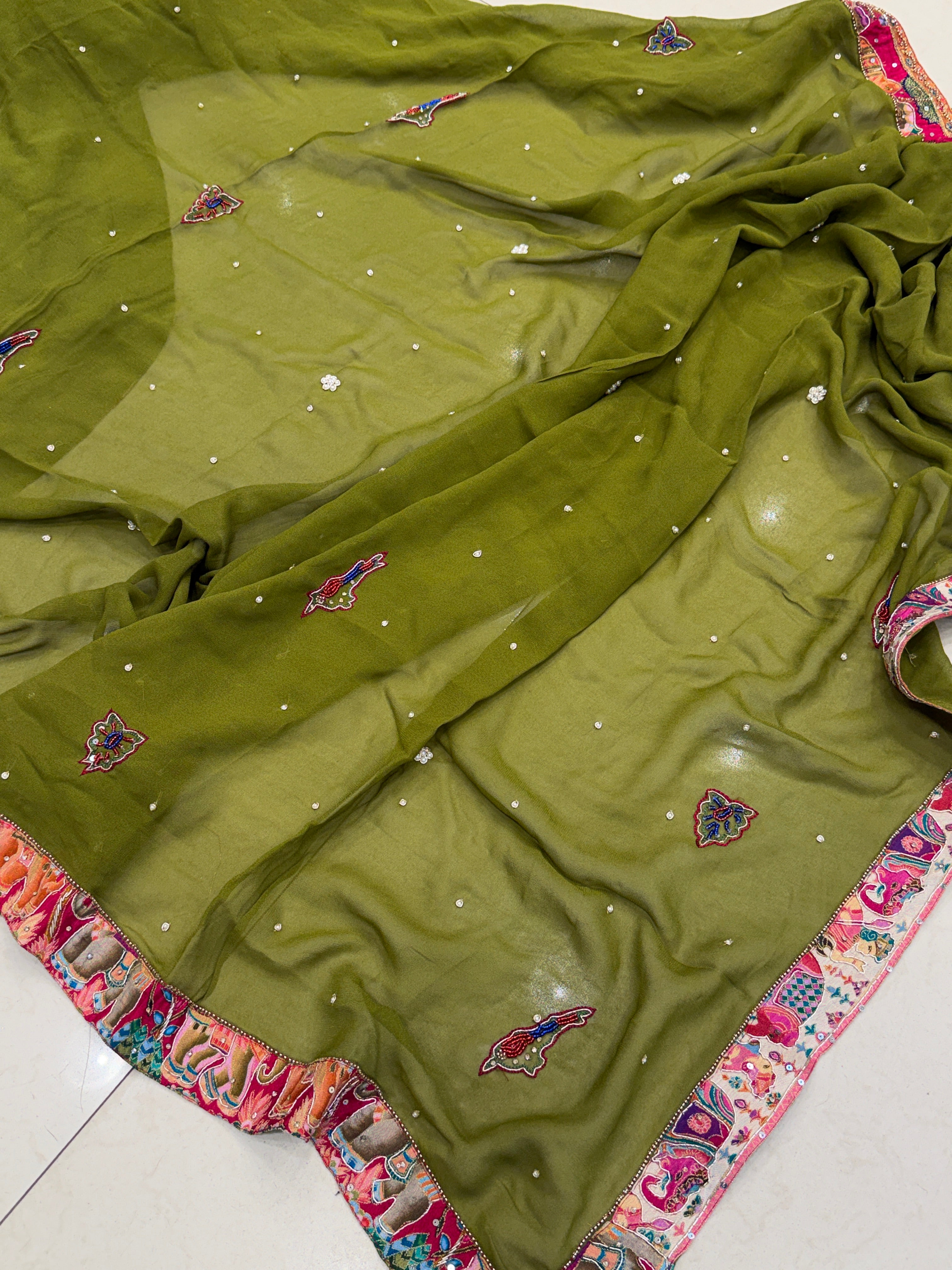 Beige Pashmina Hand Embroidery Skirt and Dupatta Pair