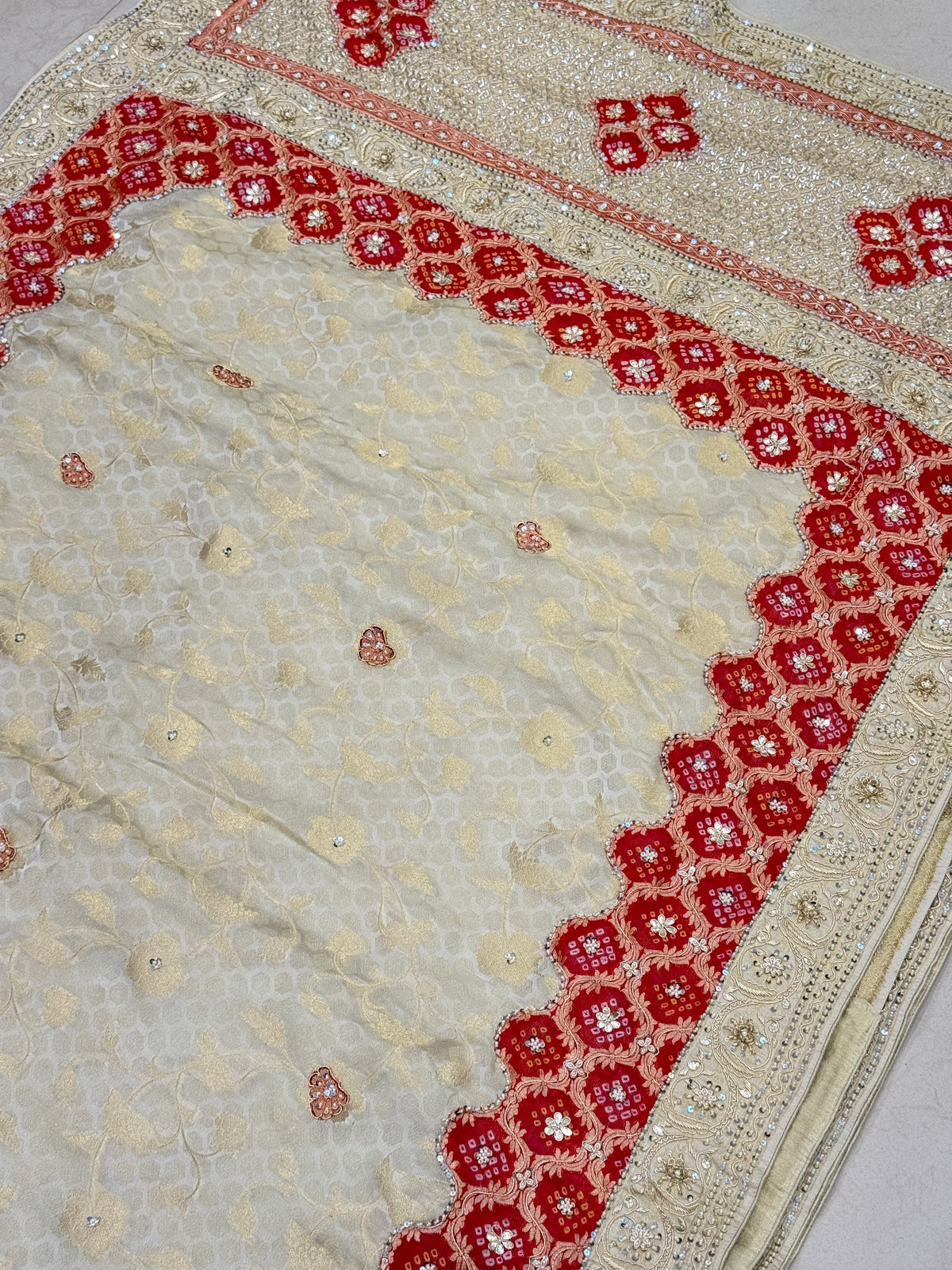 Beige Crepe Tissue Bandhani Patch Hand Embroidery Saree