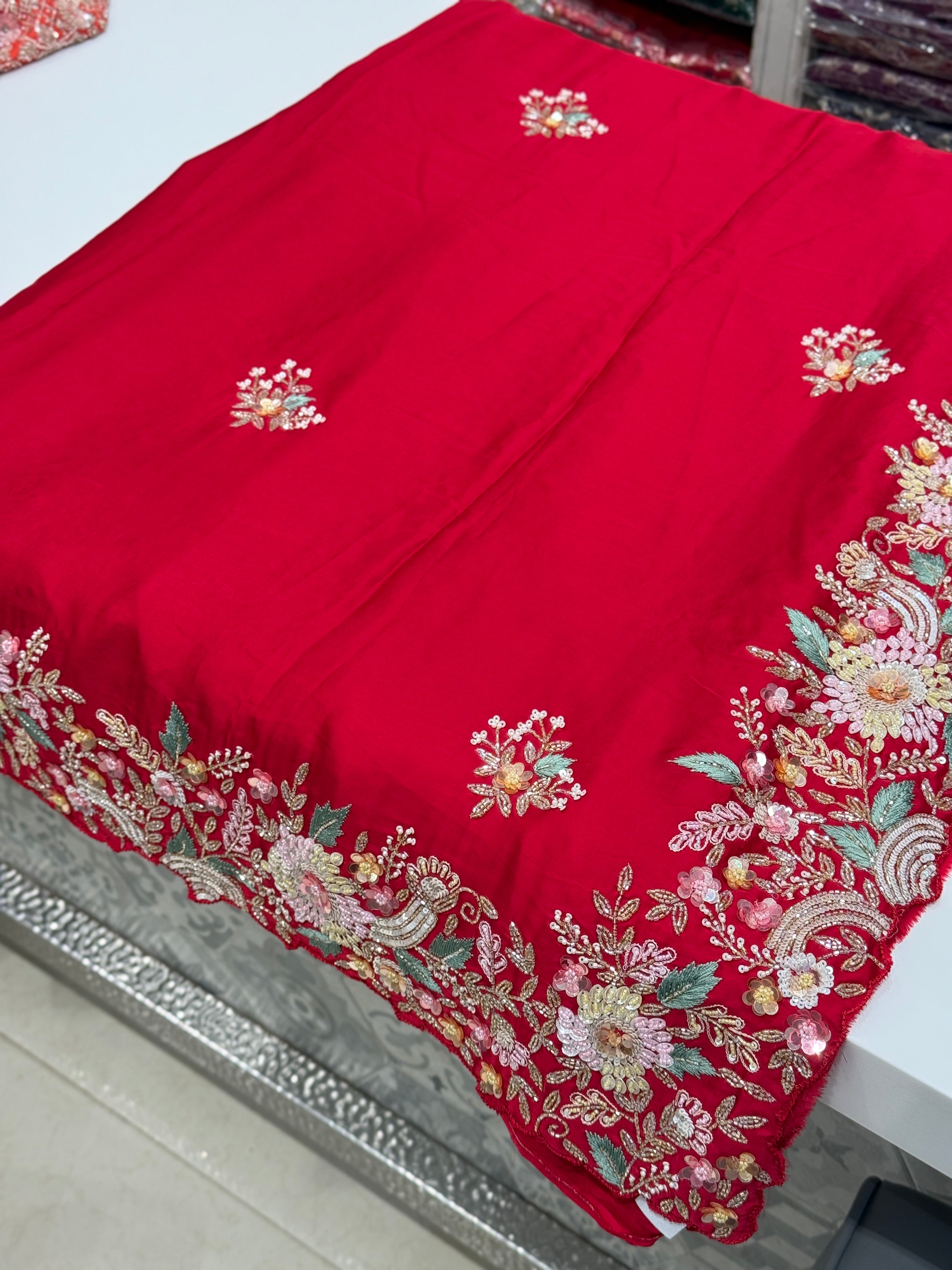 Red Satin Multi Colour Sequin Hand Embroidery Saree