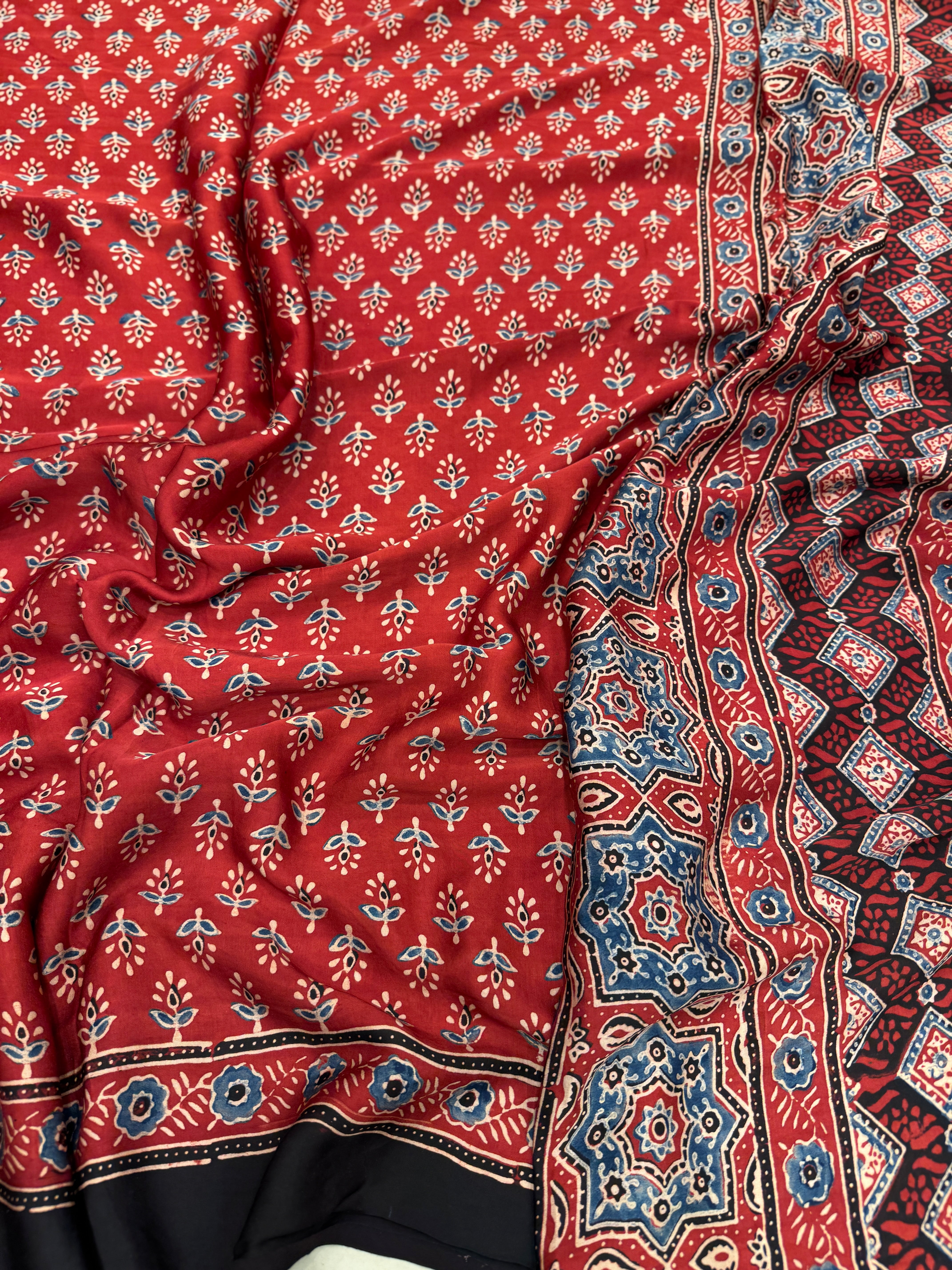 Red Buttis Ajrakh Saree Modal Gajji Silk Hand Block Print