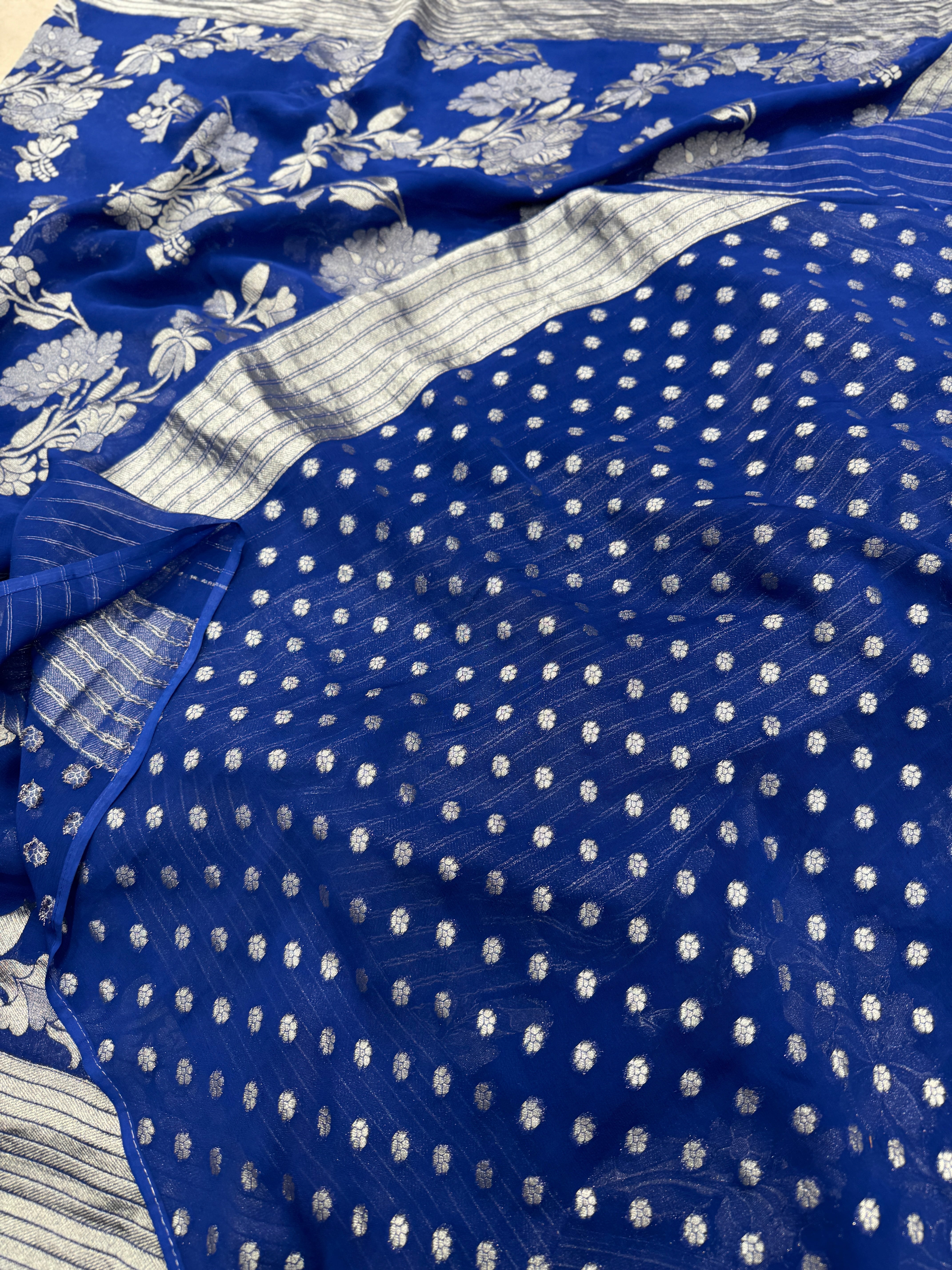 Royal Blue Banarasi Khaddi Georgette Silver Zari Jaal Saree