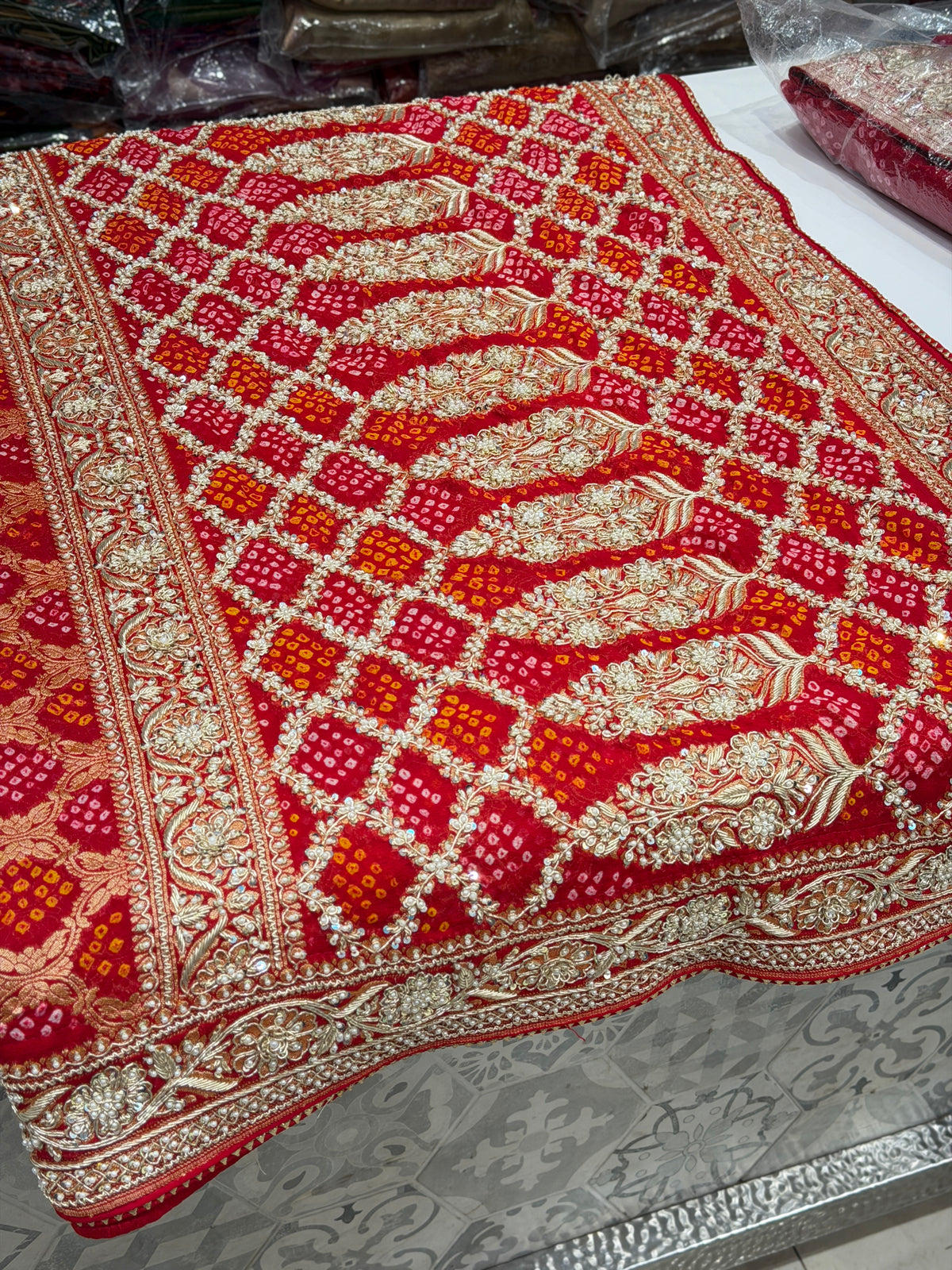 Red Rai Bandhej Georgette Saree Zardosi Hand Embroidery Saree