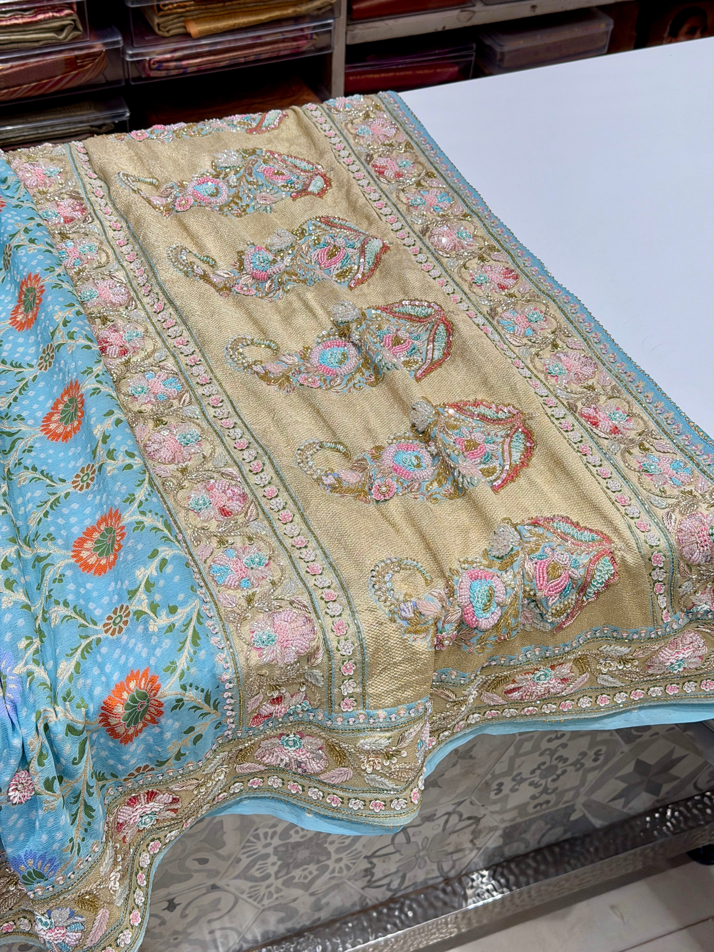 Pastel Blue Meenakari Bandhej Zardodi Kidiya Moti Hand Embroidery Saree