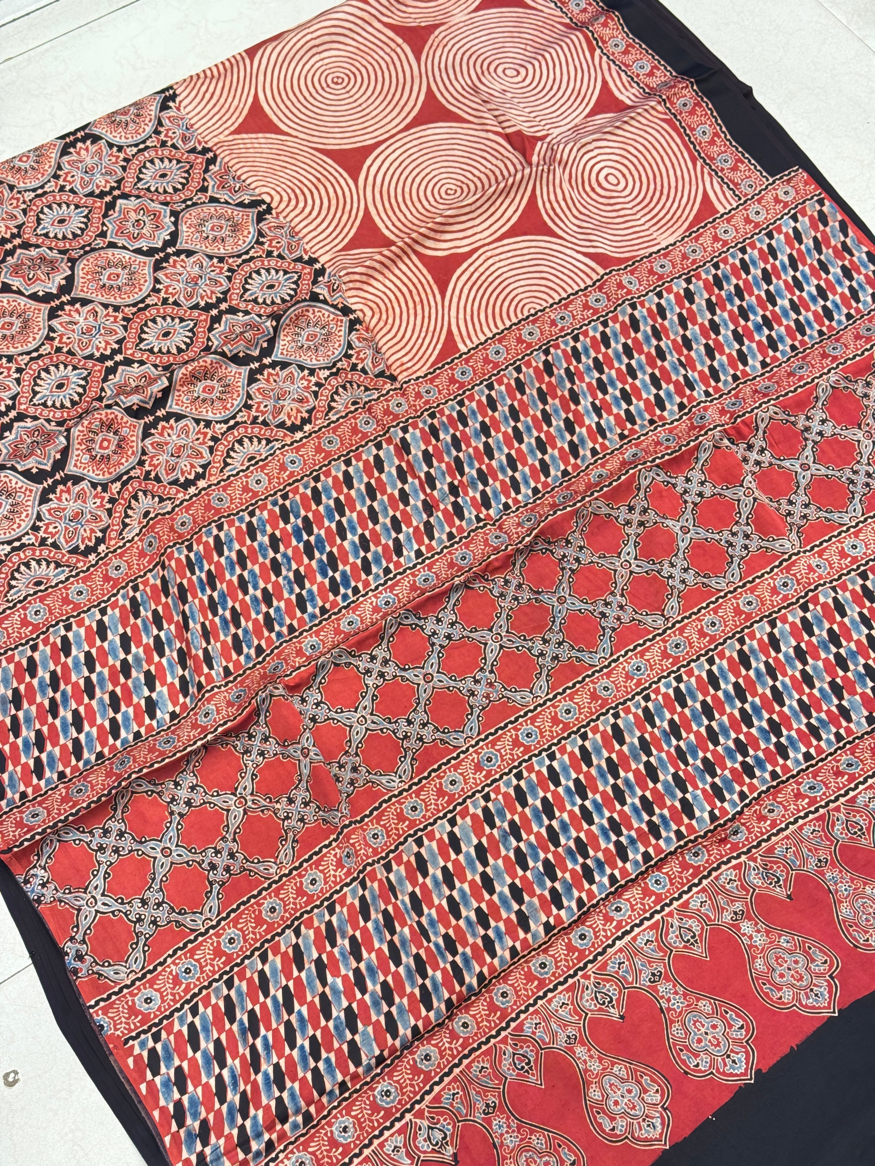 Red Block Print Contemporary Ajrakh Saree