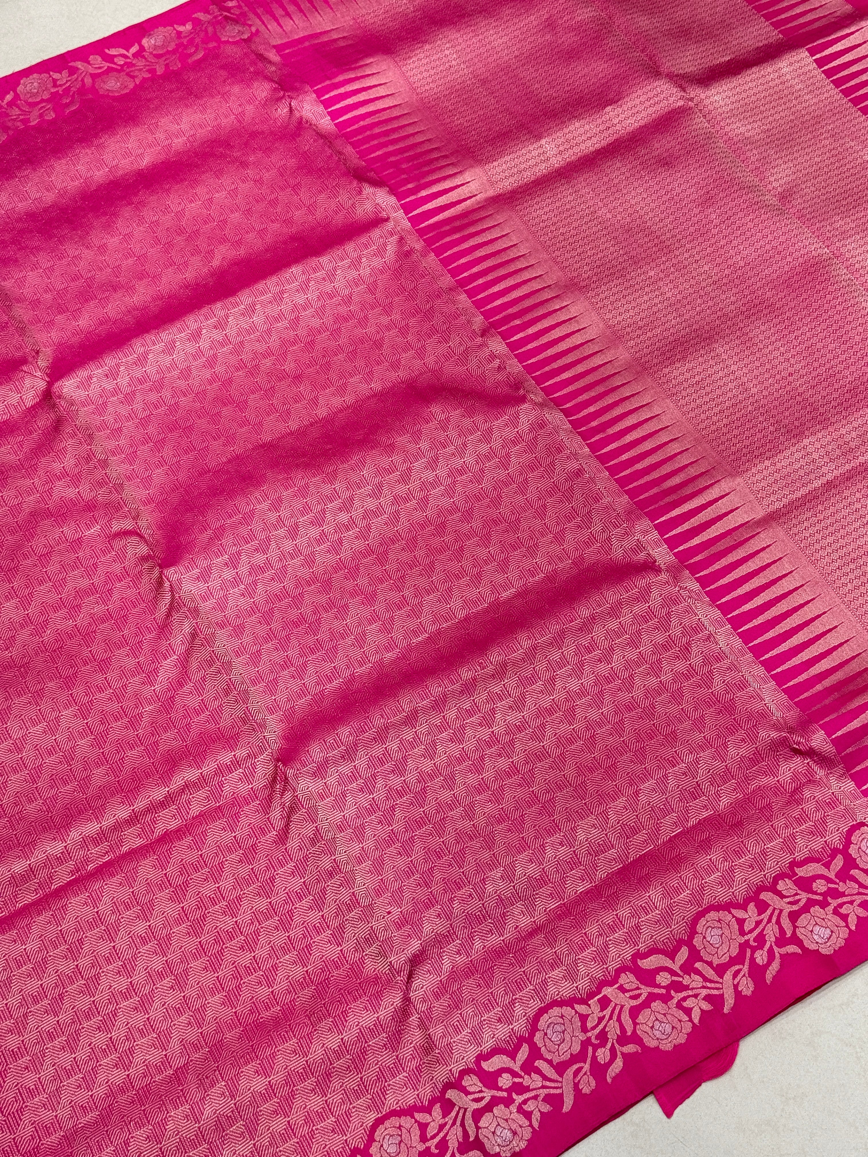 Rani Pink Rose Border Brocade Handloom Kanchipuram Pure Silk Saree