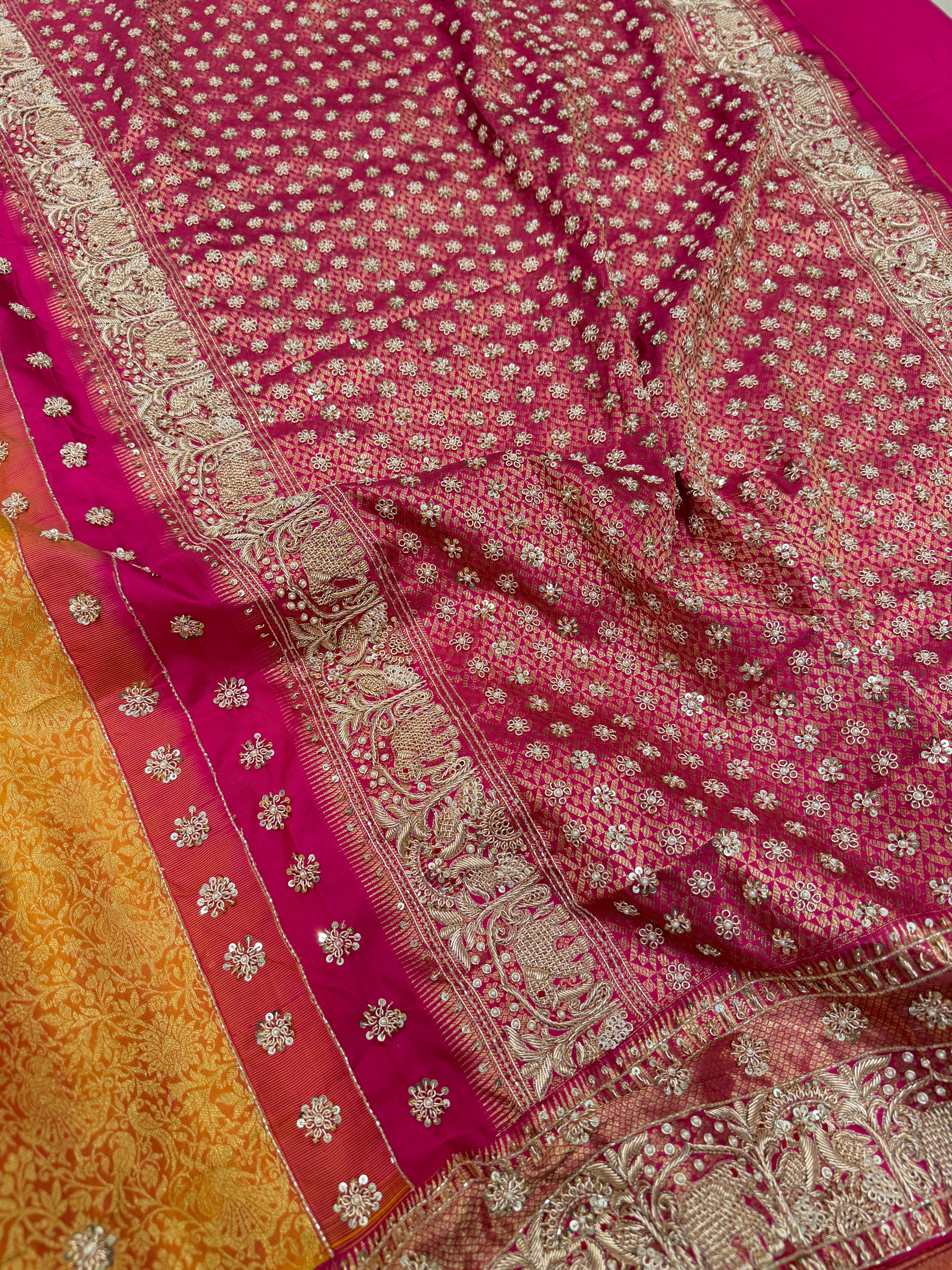 Mustard Yellow Kanjivaram Elephant Motifs Zardosi Hand Embroidery Saree