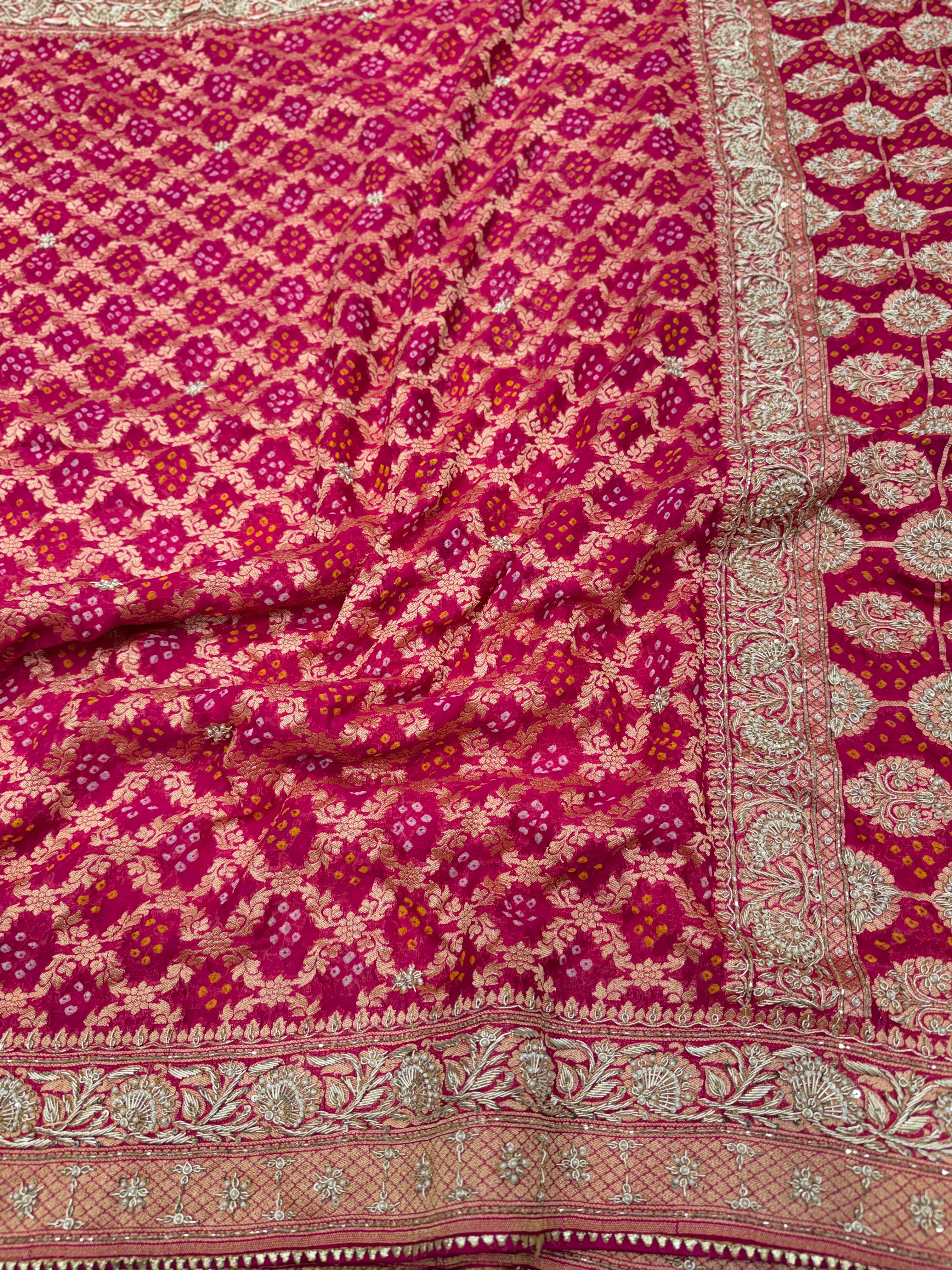 Rani Bandhej Zardosi Hand Embroidery Saree