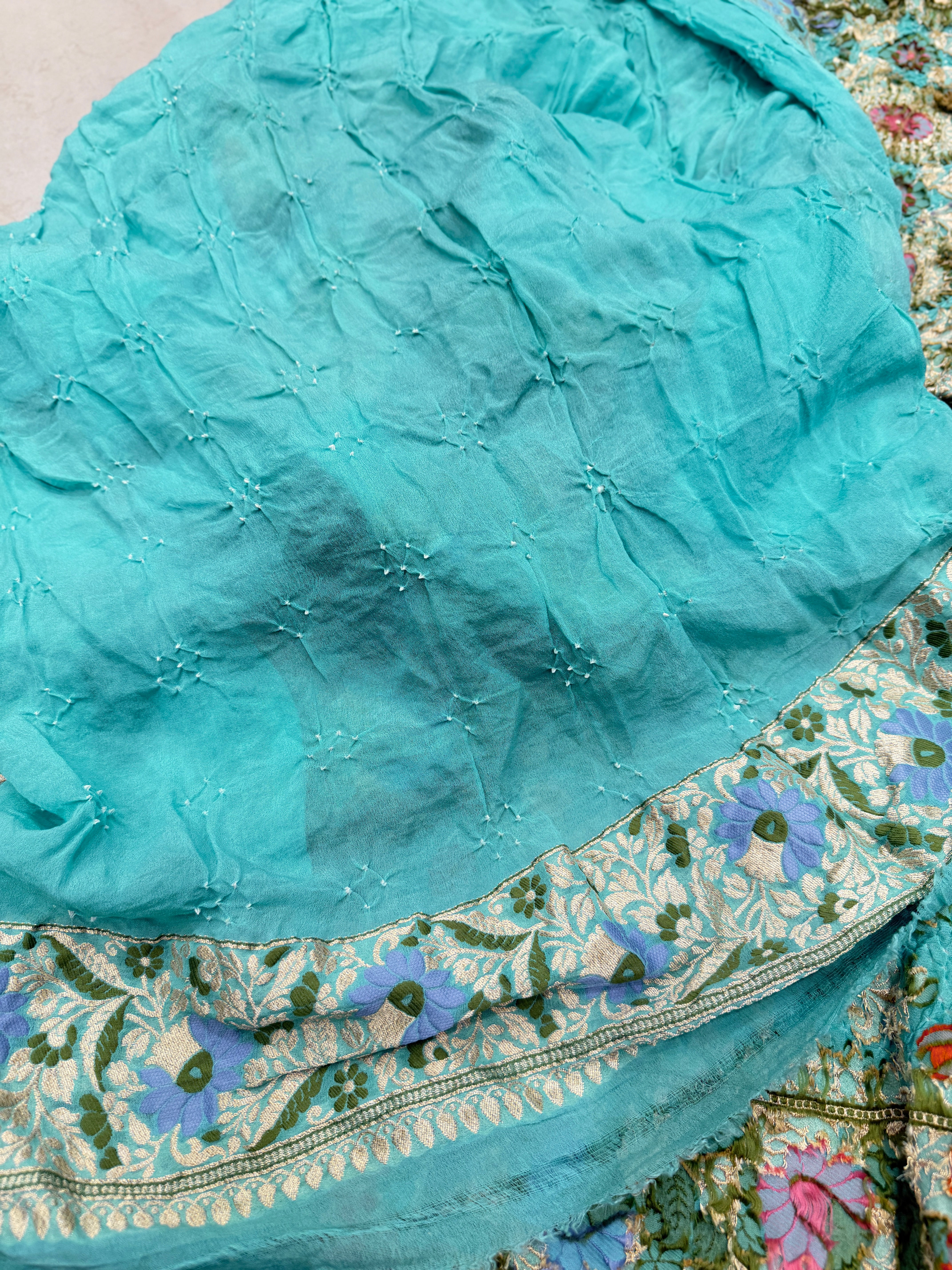 Turquoise Meenakari Jaal Pure Handloom Georgette Bandhej Georgette Saree