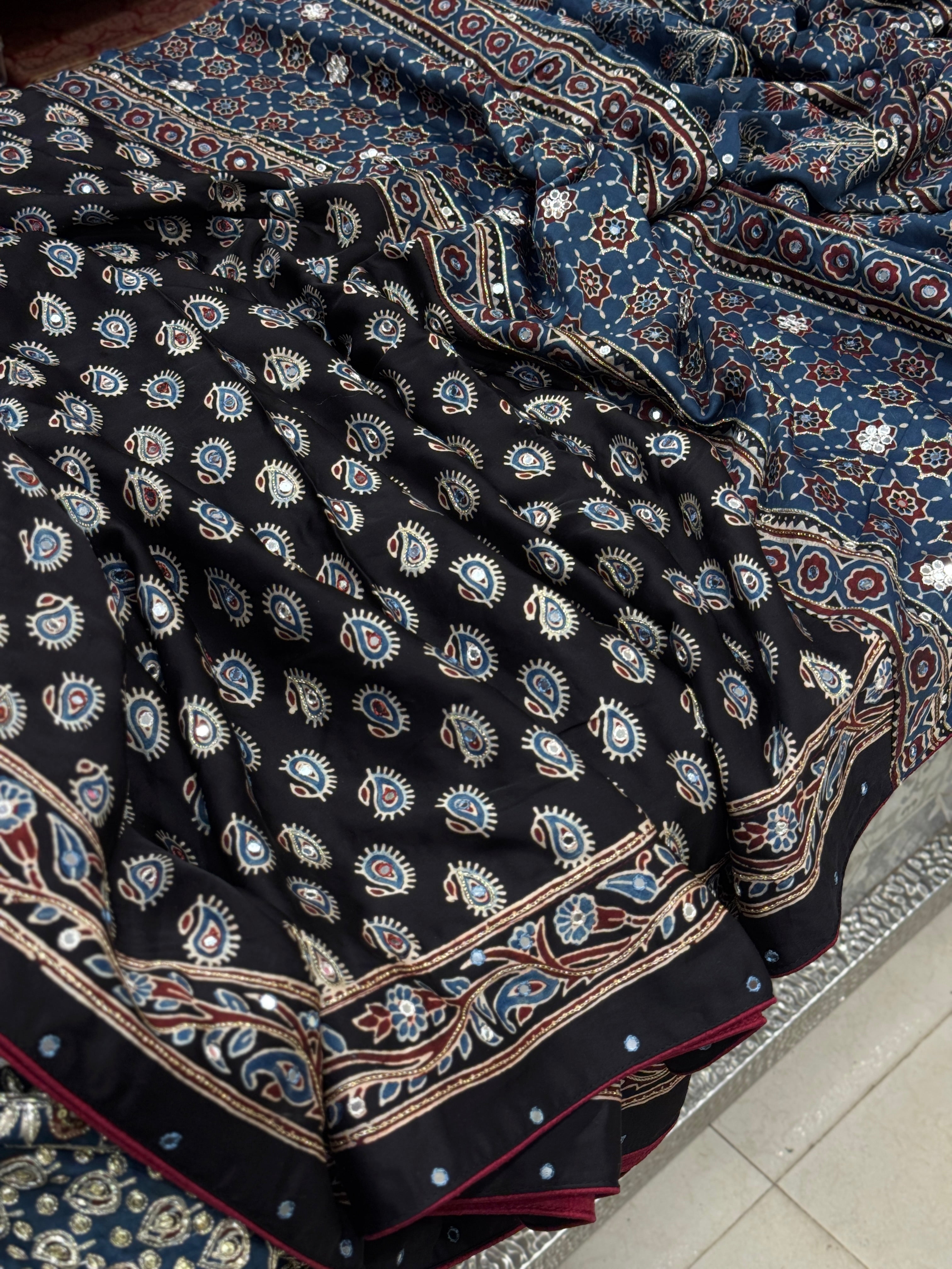 Black Buttis Ajrakh Mirror Hand Embroidery Saree