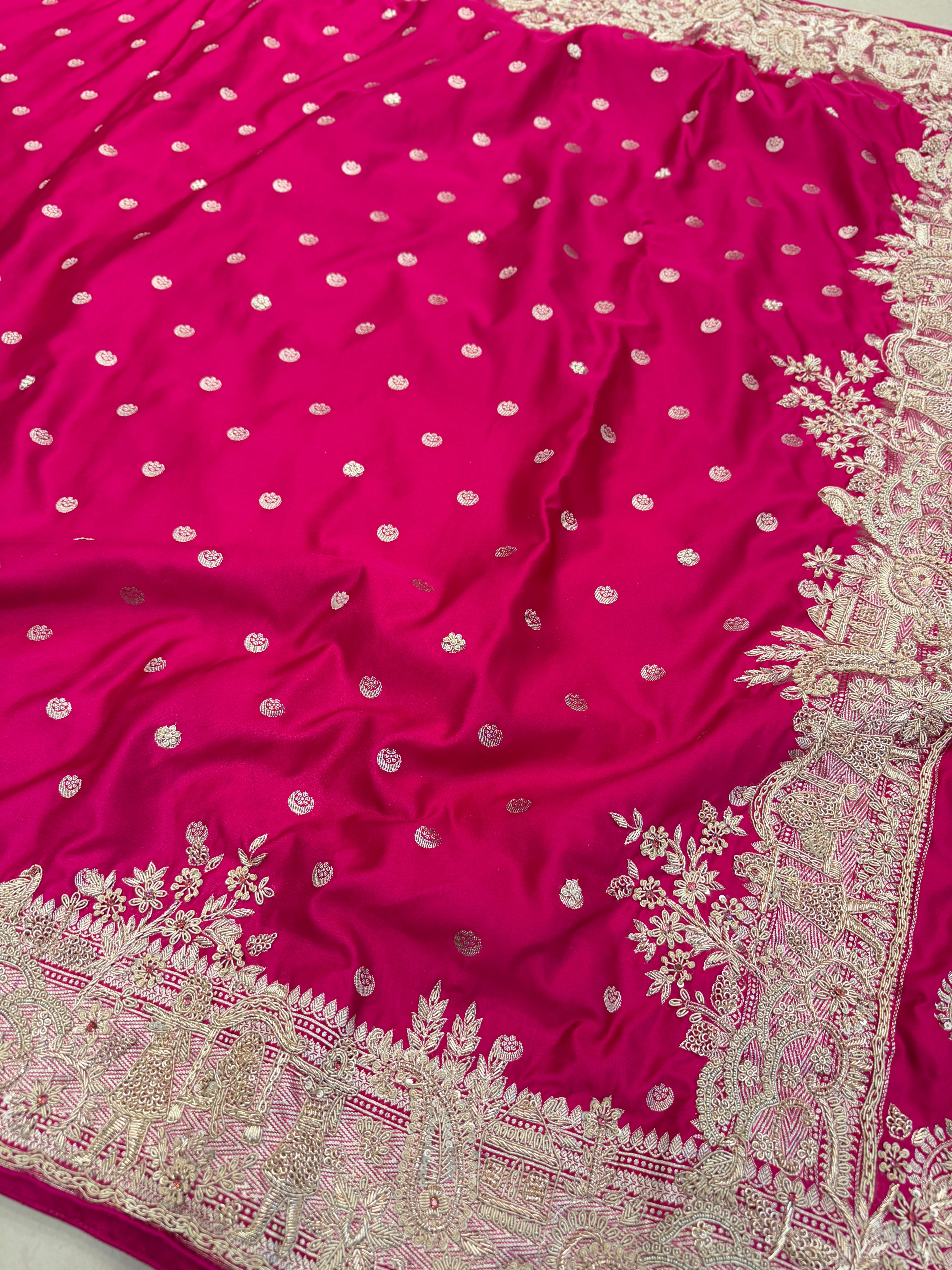 Rani Pink Banarasi Chand Butti Zardosi Doli Edit Hand Embroidery Saree