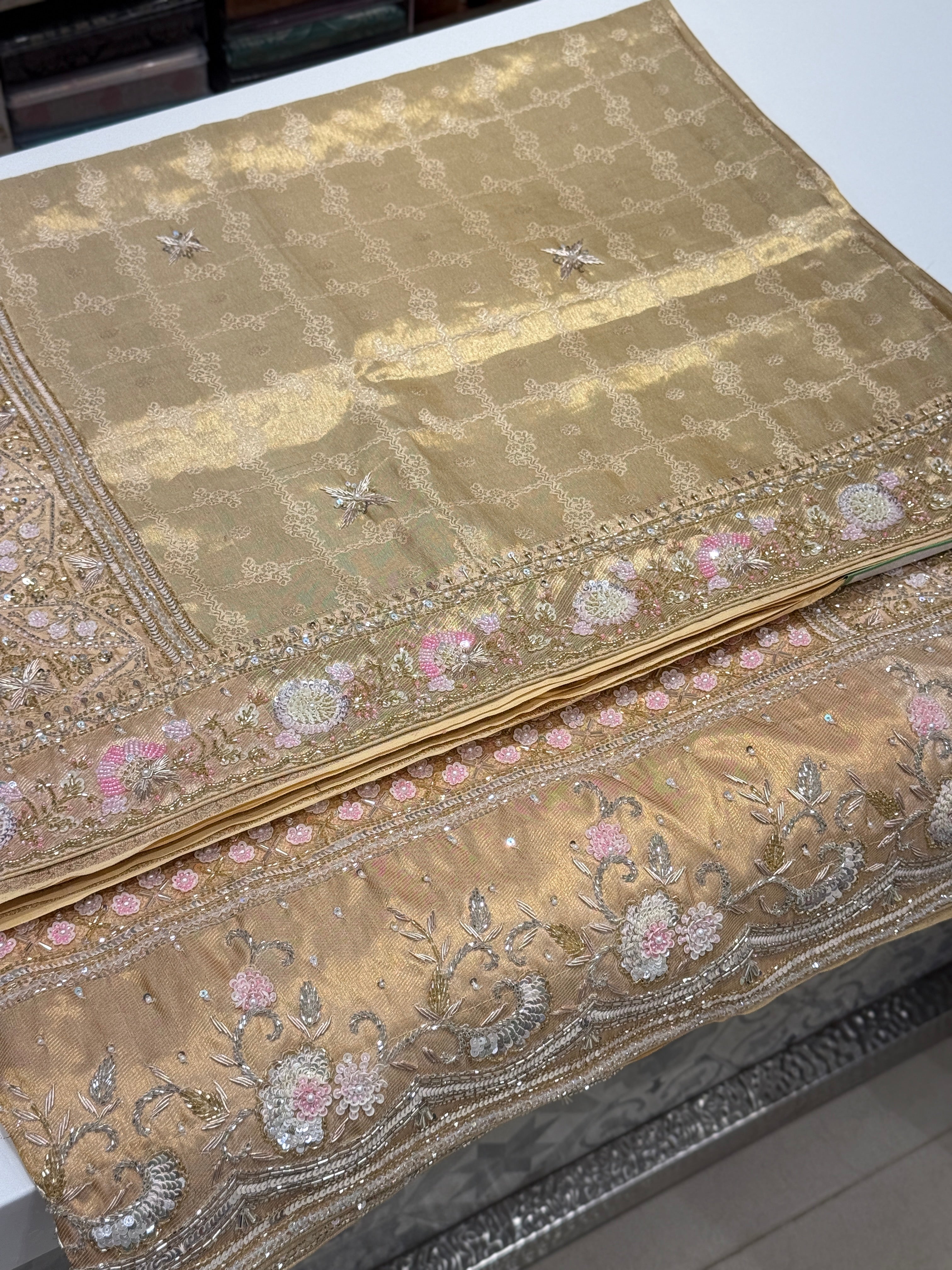 Light Gold Tissue Check Kanjivaram Hand Embroidery Saree