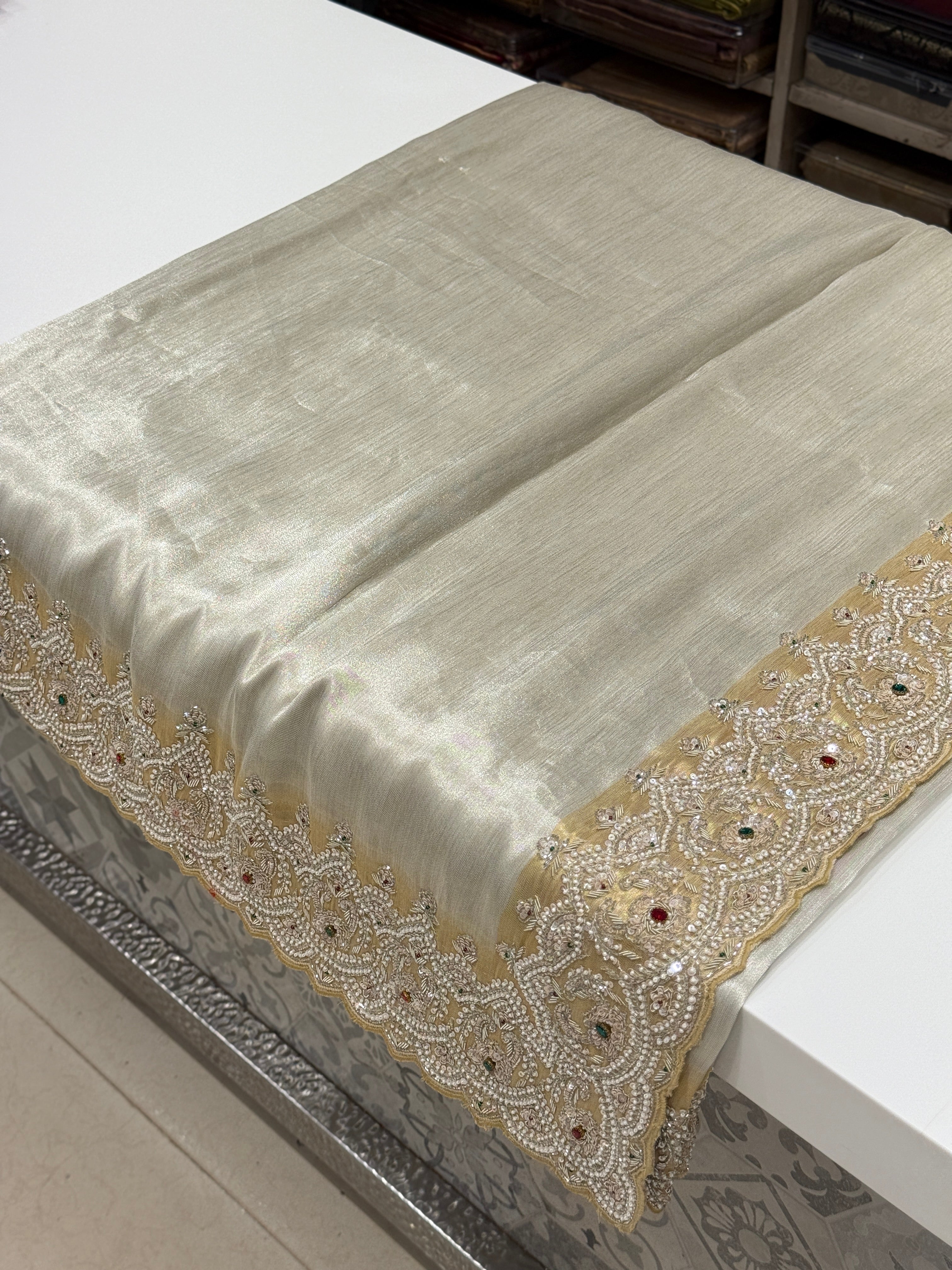 Silver Gold Tissue Hand Embroidery Crystal Embroidery Saree