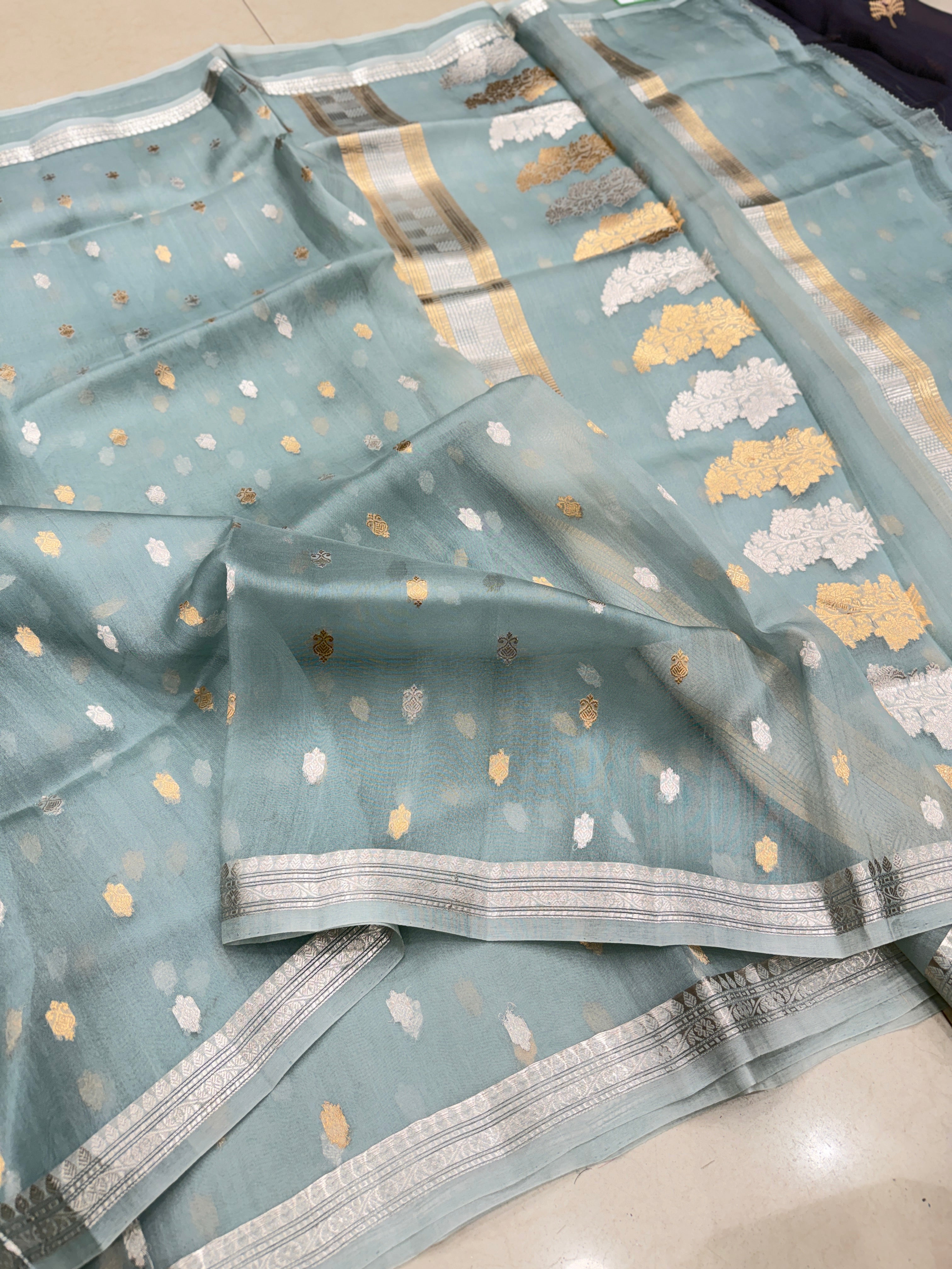 Pastel Sage Green Banarasi Sona Roopa Handloom Kora Silk Saree