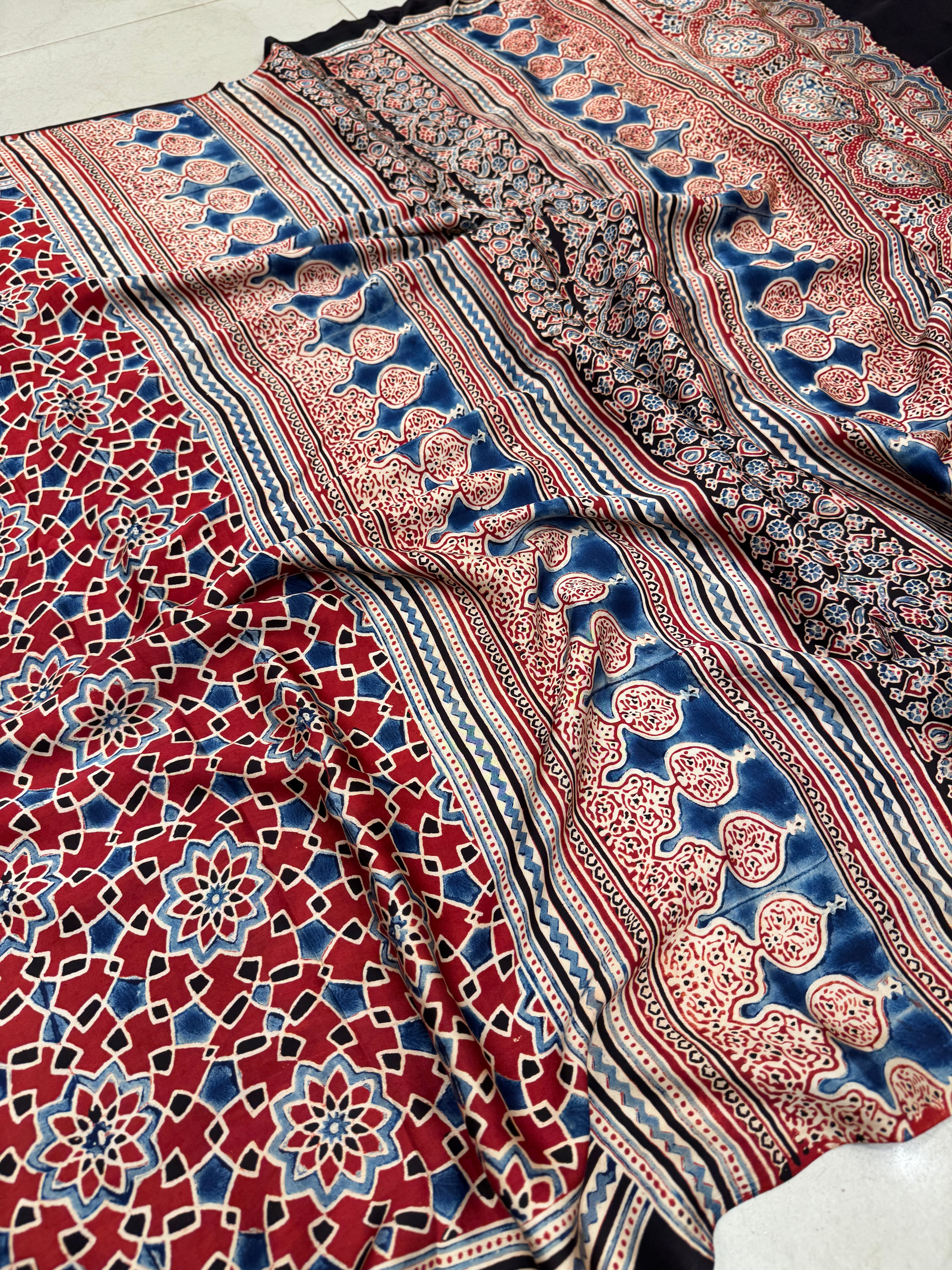 Red Contemporary Jaal Ajrakh Gajji Silk Hand Block Print Saree