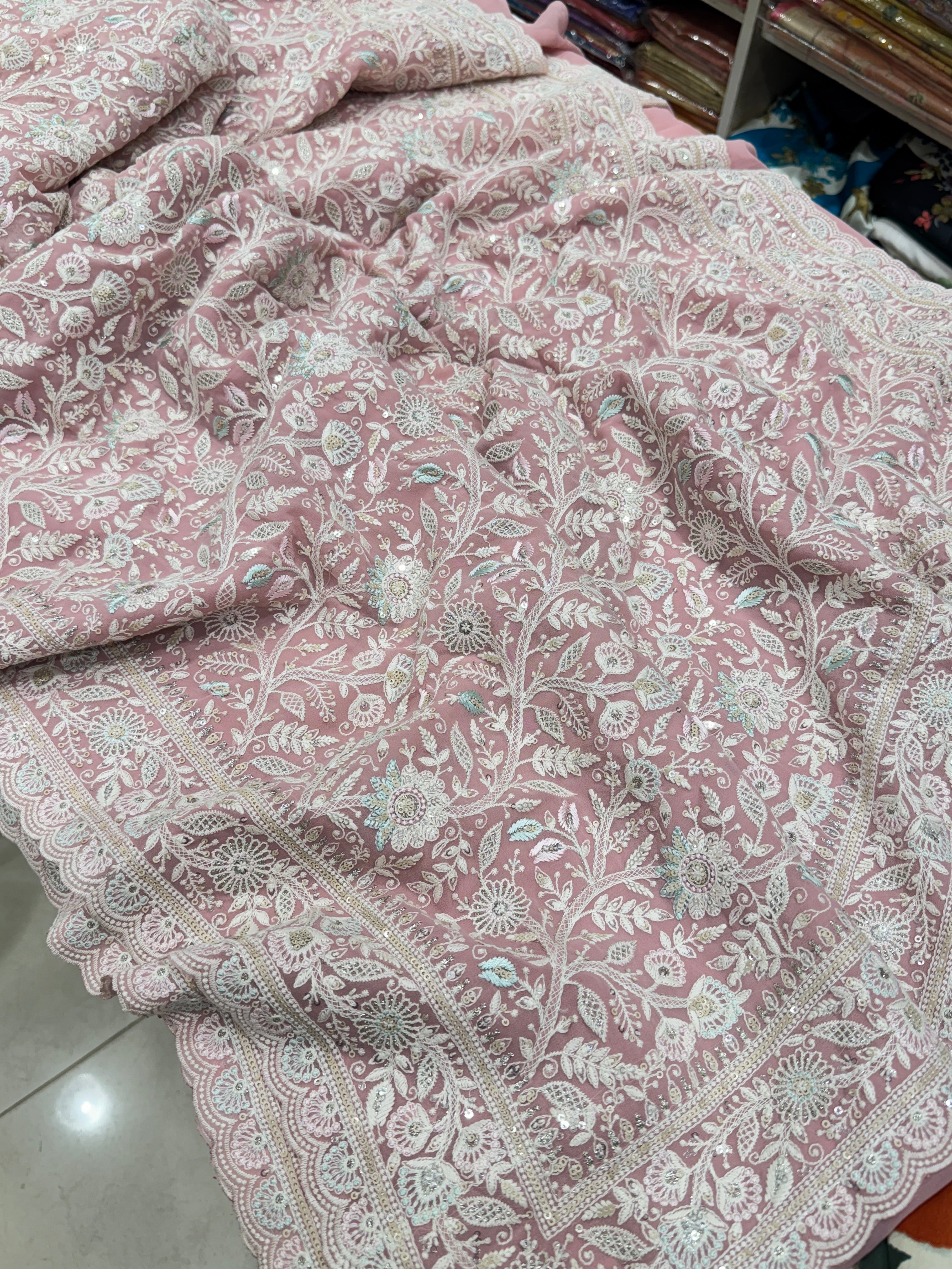 Pink Meenakari Chikankari Scallop Design Saree