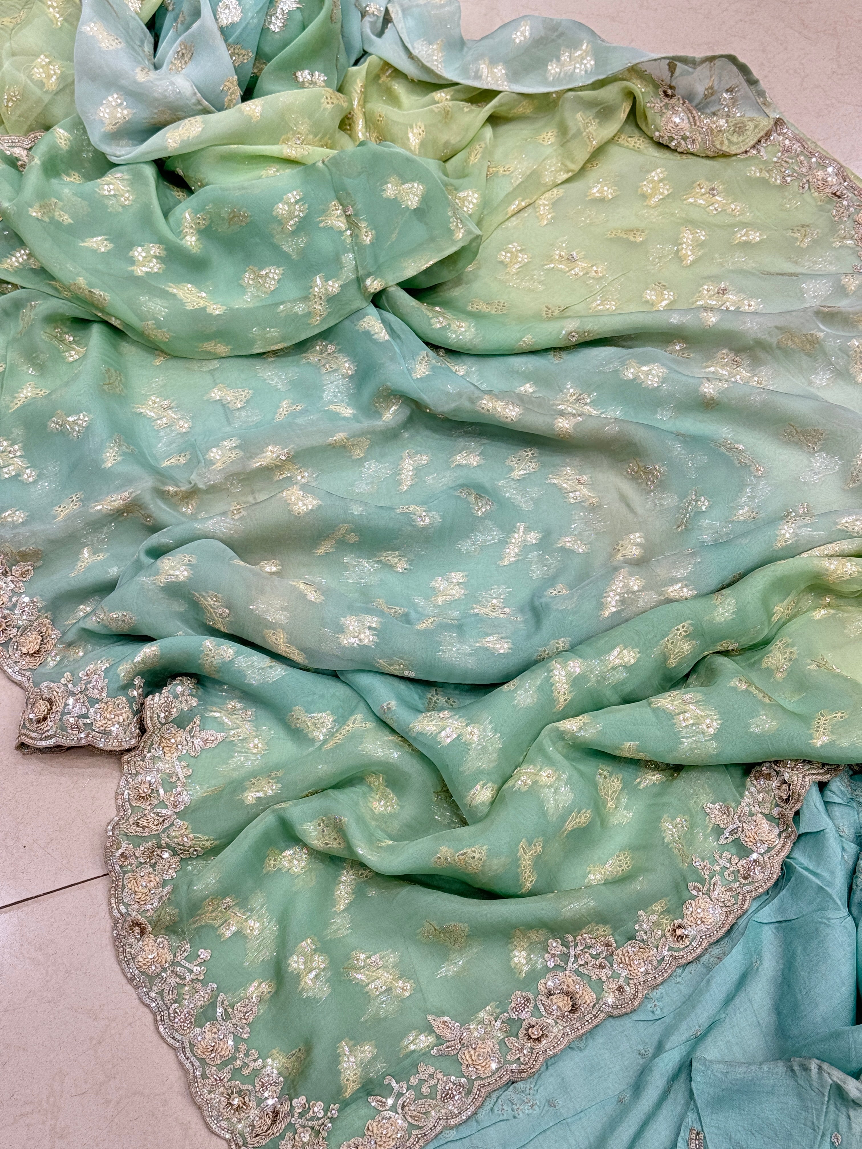 Green Shaded Satin Organza Hand Embroidered Saree