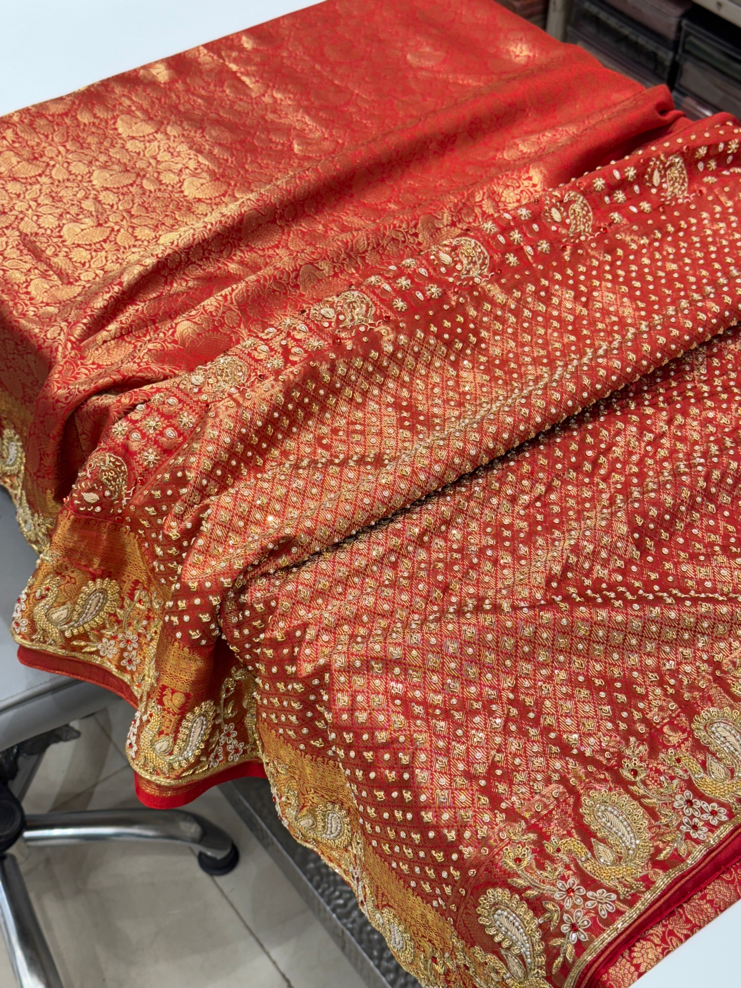 Red Kanjivaram Peacock Motif Zardozi Hand Embroidery Saree