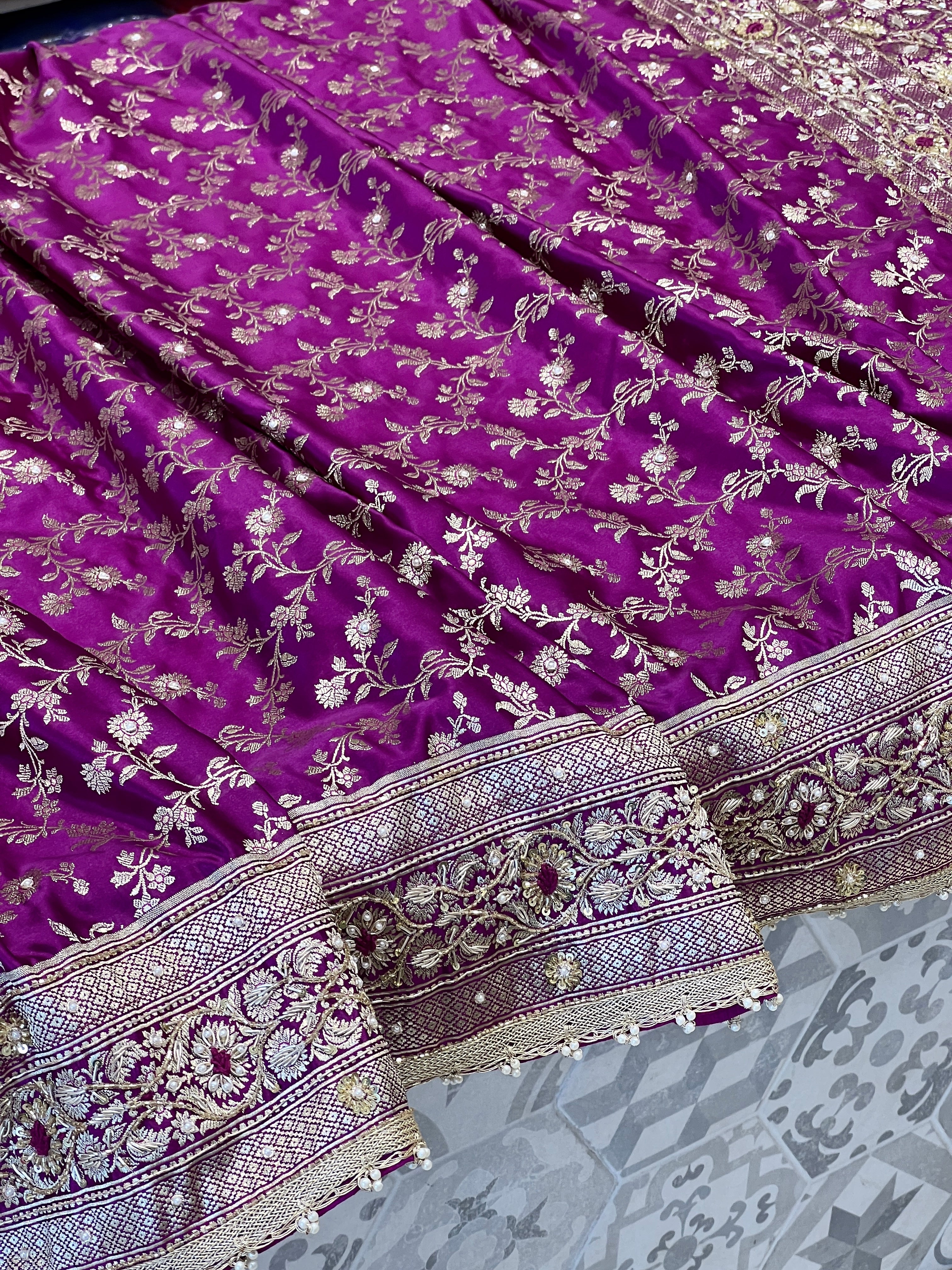Violet Banarasi Jaal Resham Hand Embroidery Saree