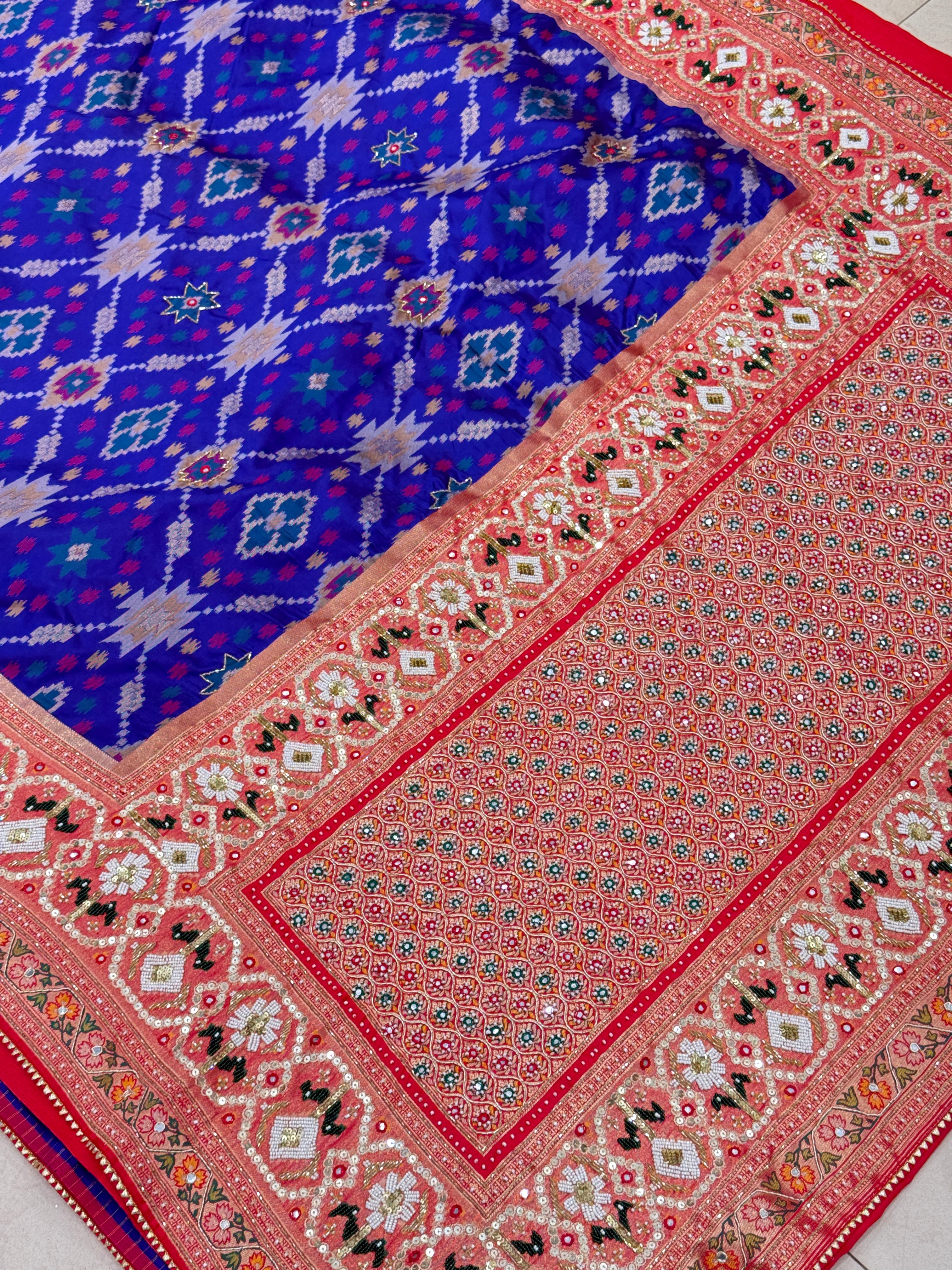 Royal Blue Patola Kidiya Moti Embroidery Saree