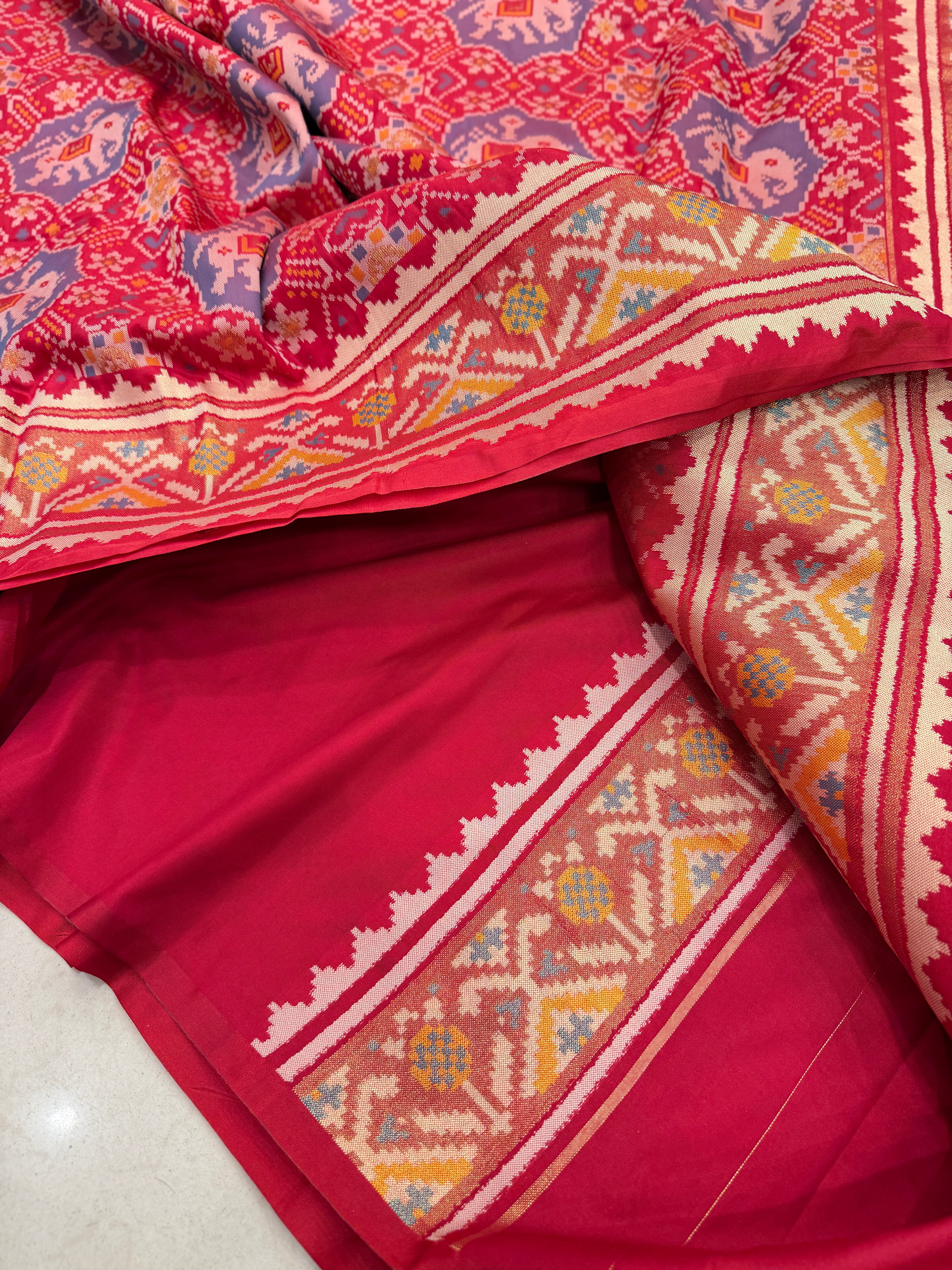 Red Nari Kunjar Elephant Motif Semi Silk Weaved Patan Patola Saree