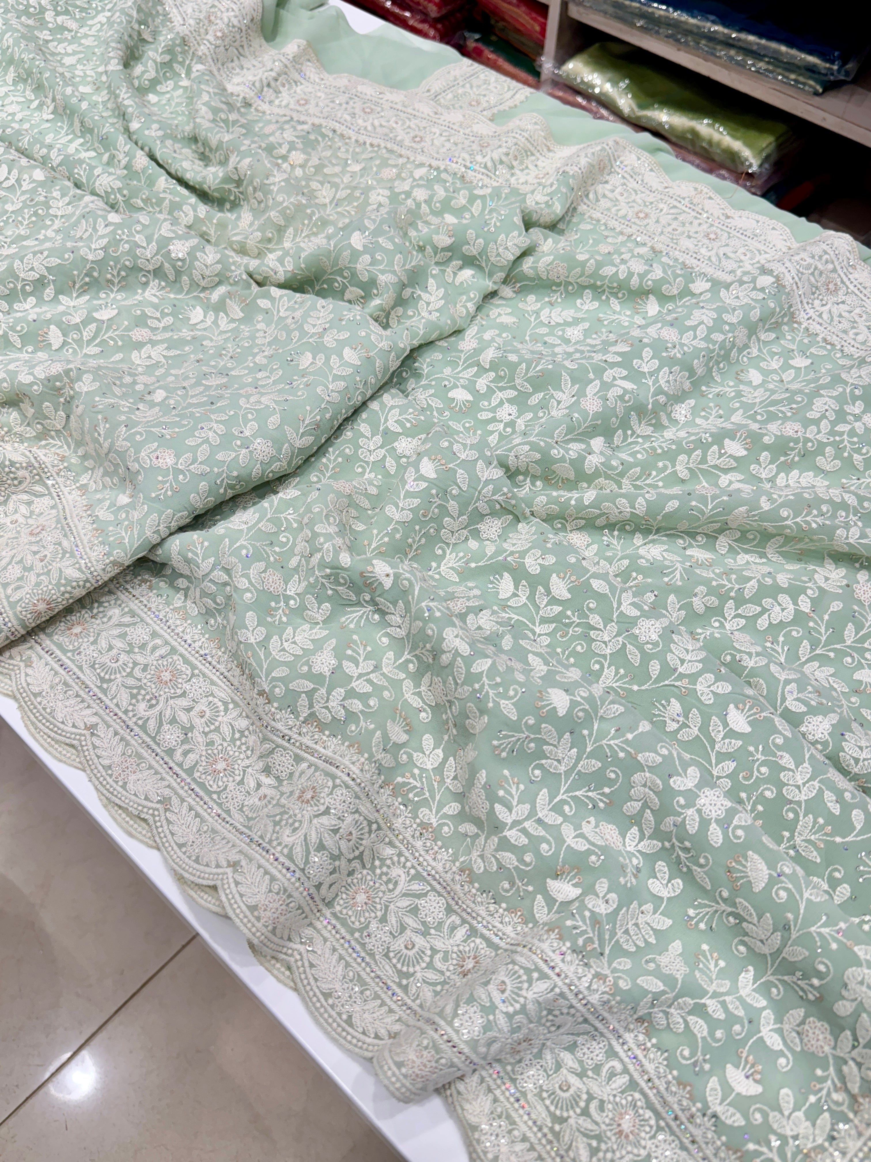 Pista Green Chikankari Scallop Design Saree